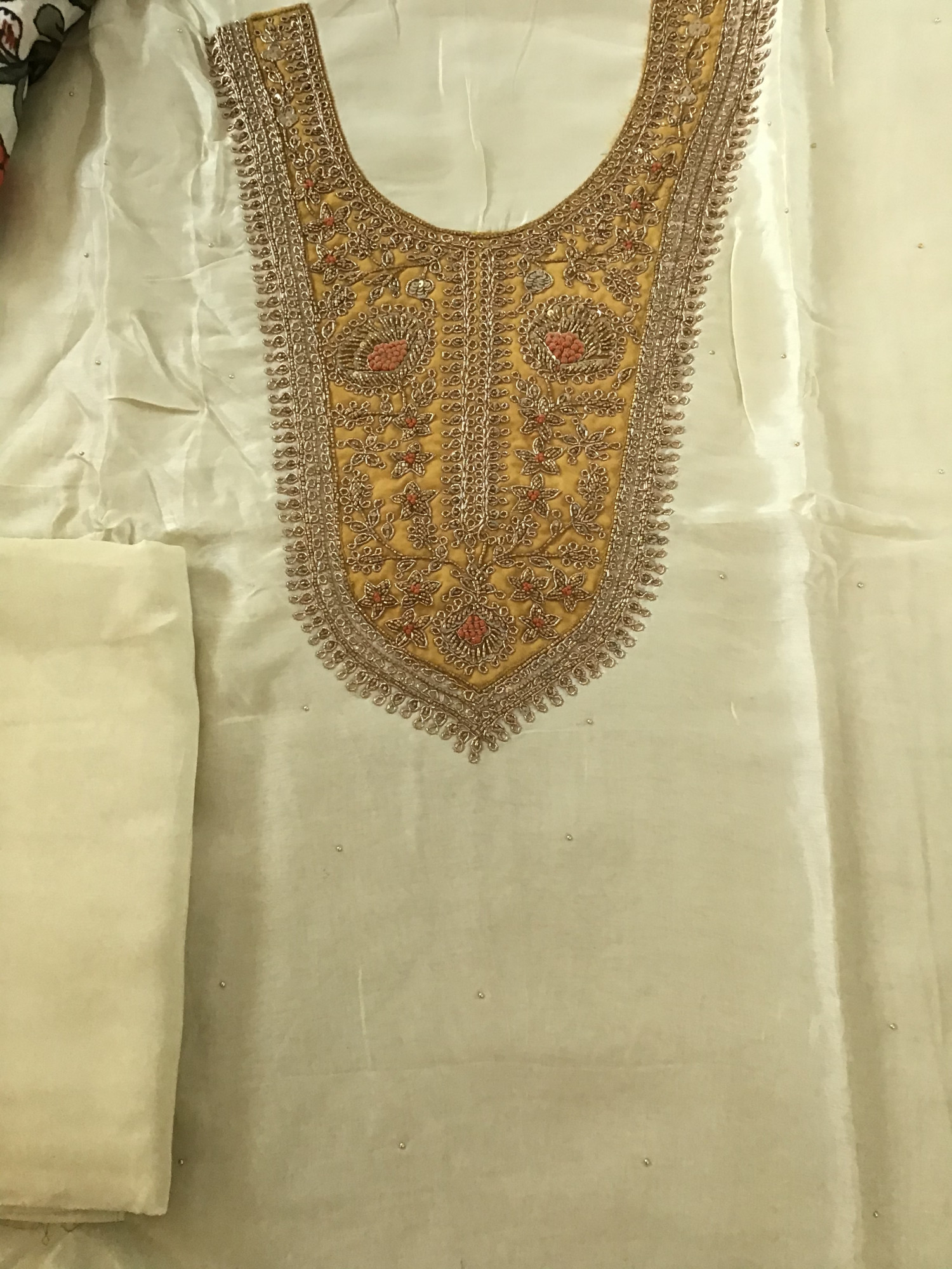 Pure Upada Silk Embroidered Suit - Beige
