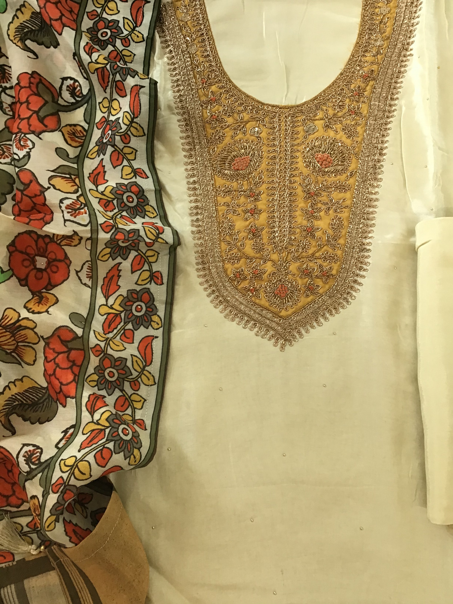 Pure Upada Silk Embroidered Suit - Beige