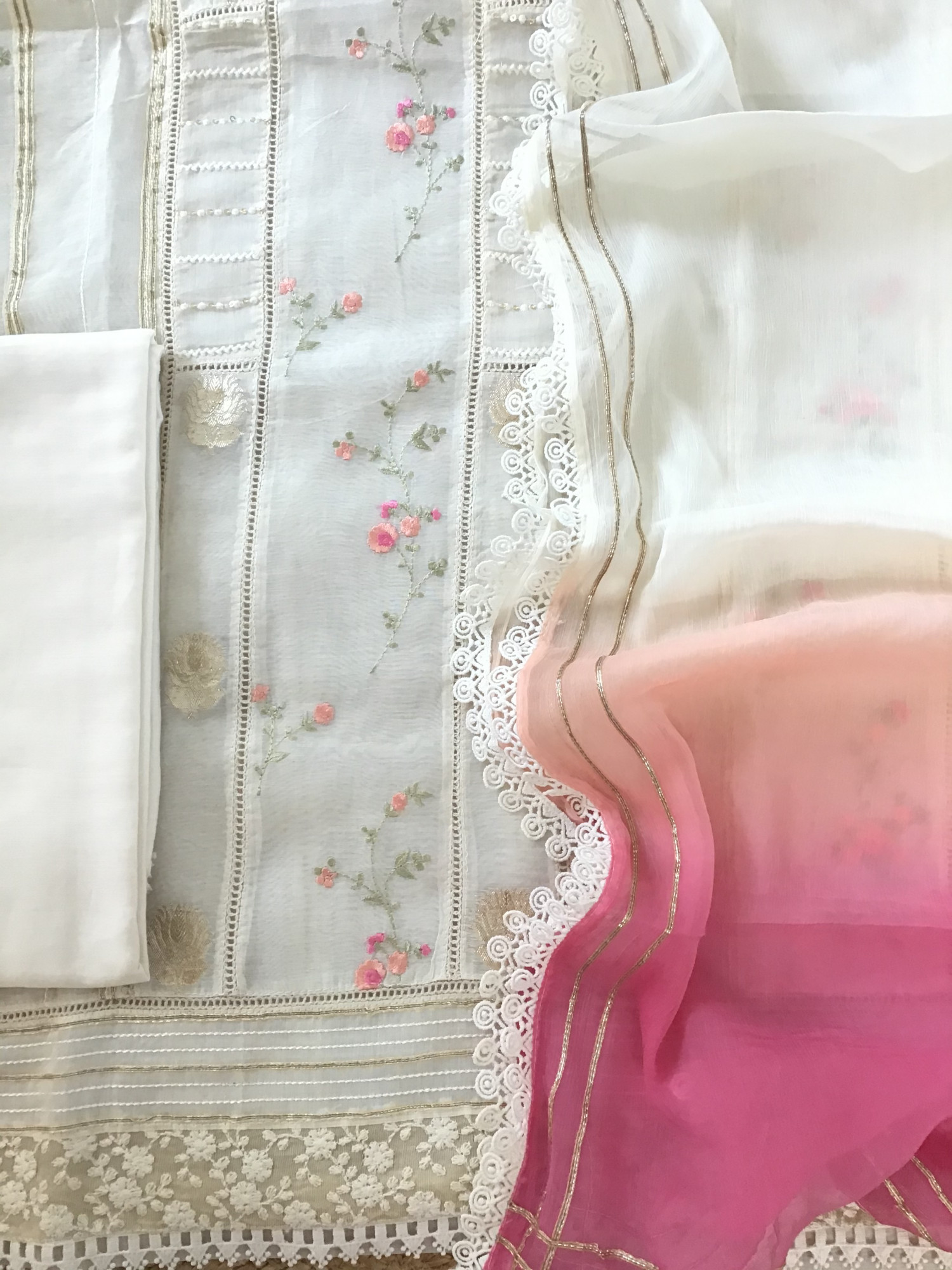 Pure Chanderi Silk Banarasi Weaved Embroidered Suit - White