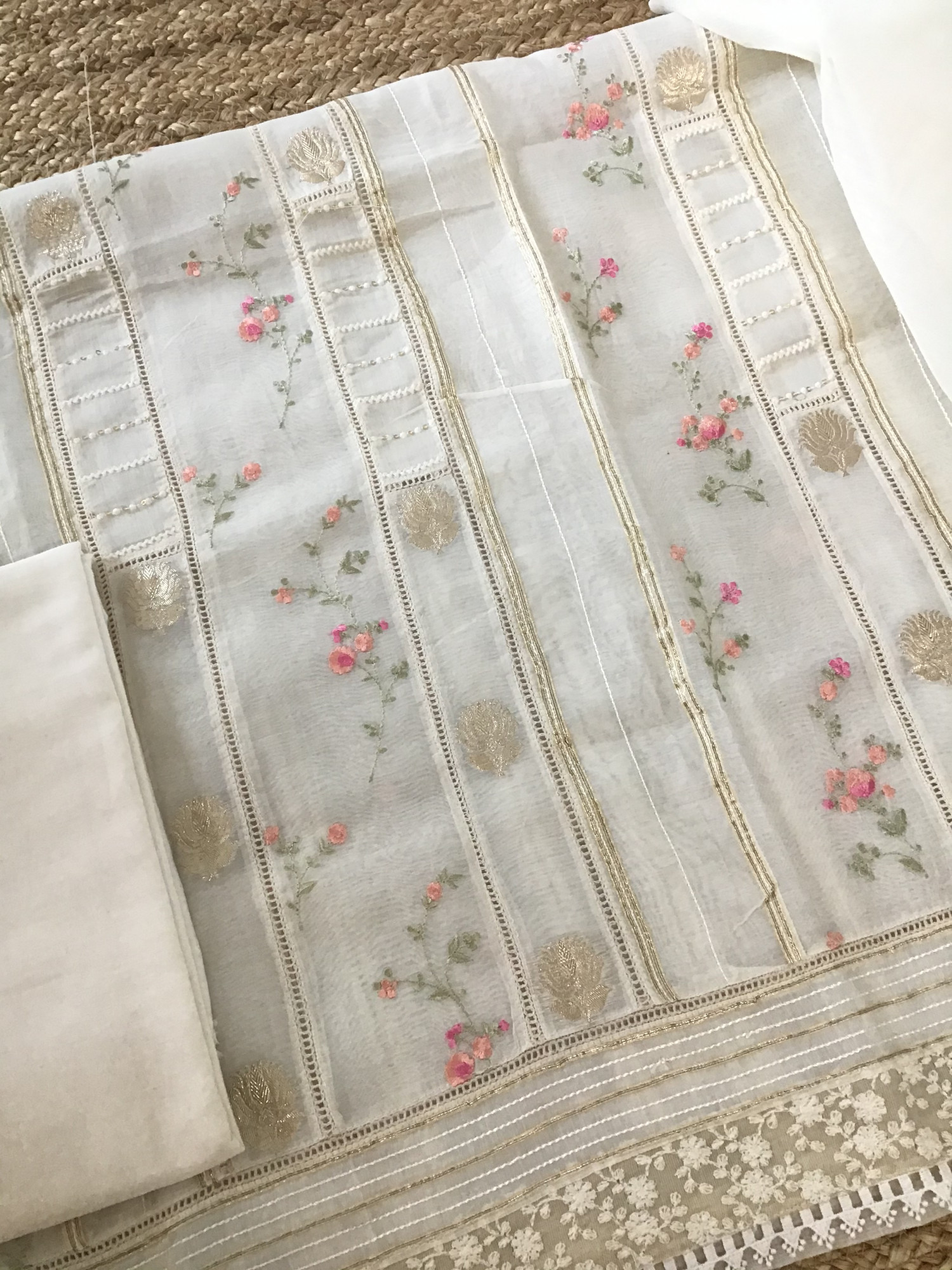 Pure Chanderi Silk Banarasi Weaved Embroidered Suit - White
