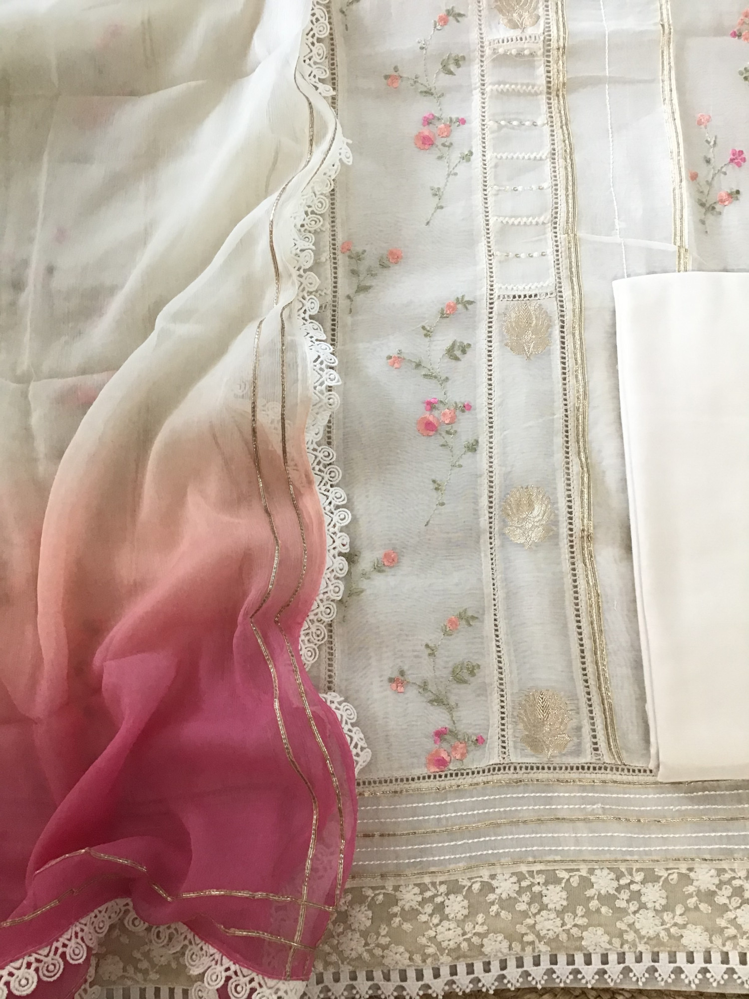 Pure Chanderi Silk Banarasi Weaved Embroidered Suit - White