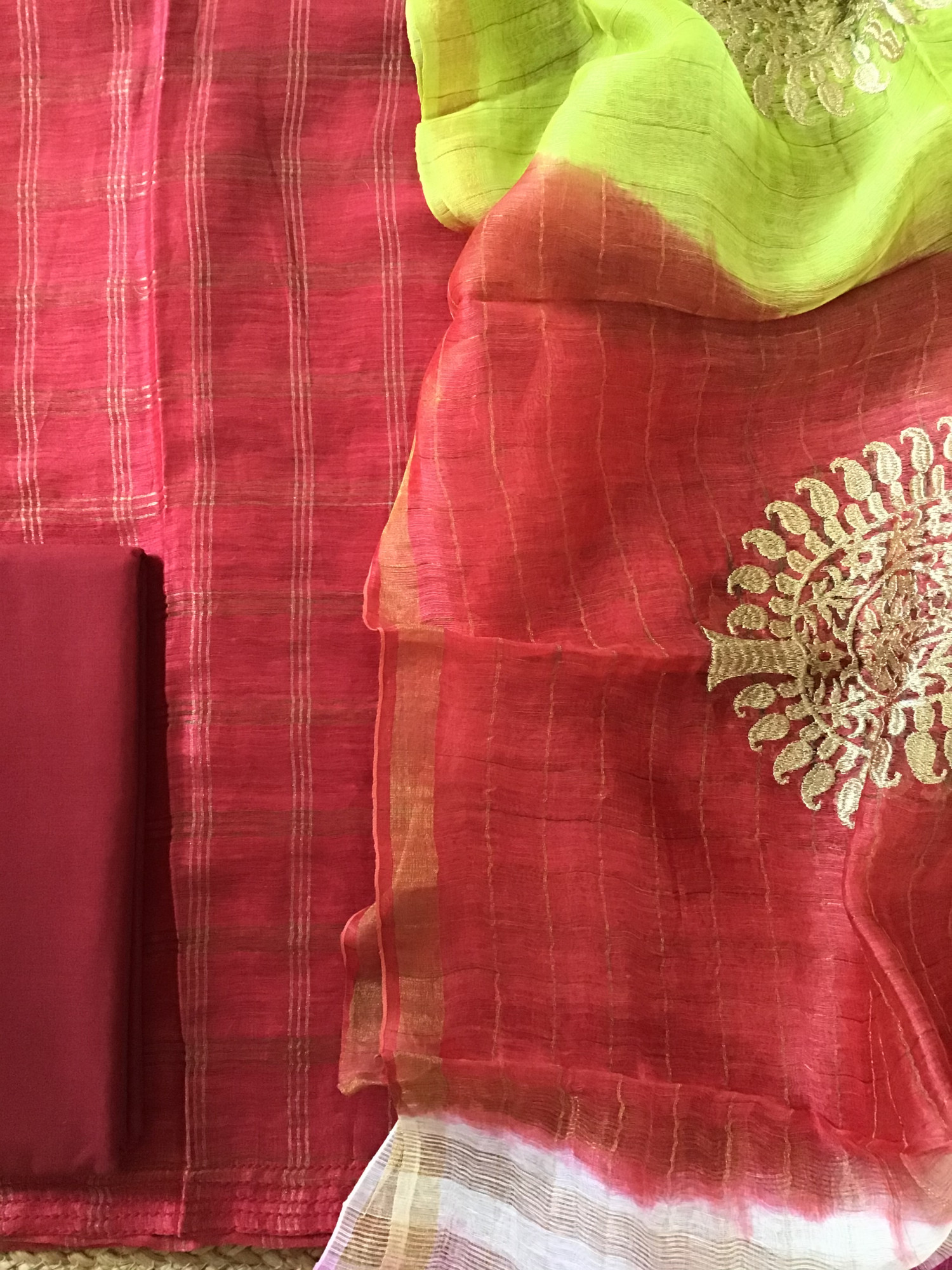 Soft Tussar Silk Self Weaved Embroidered Suit - Red