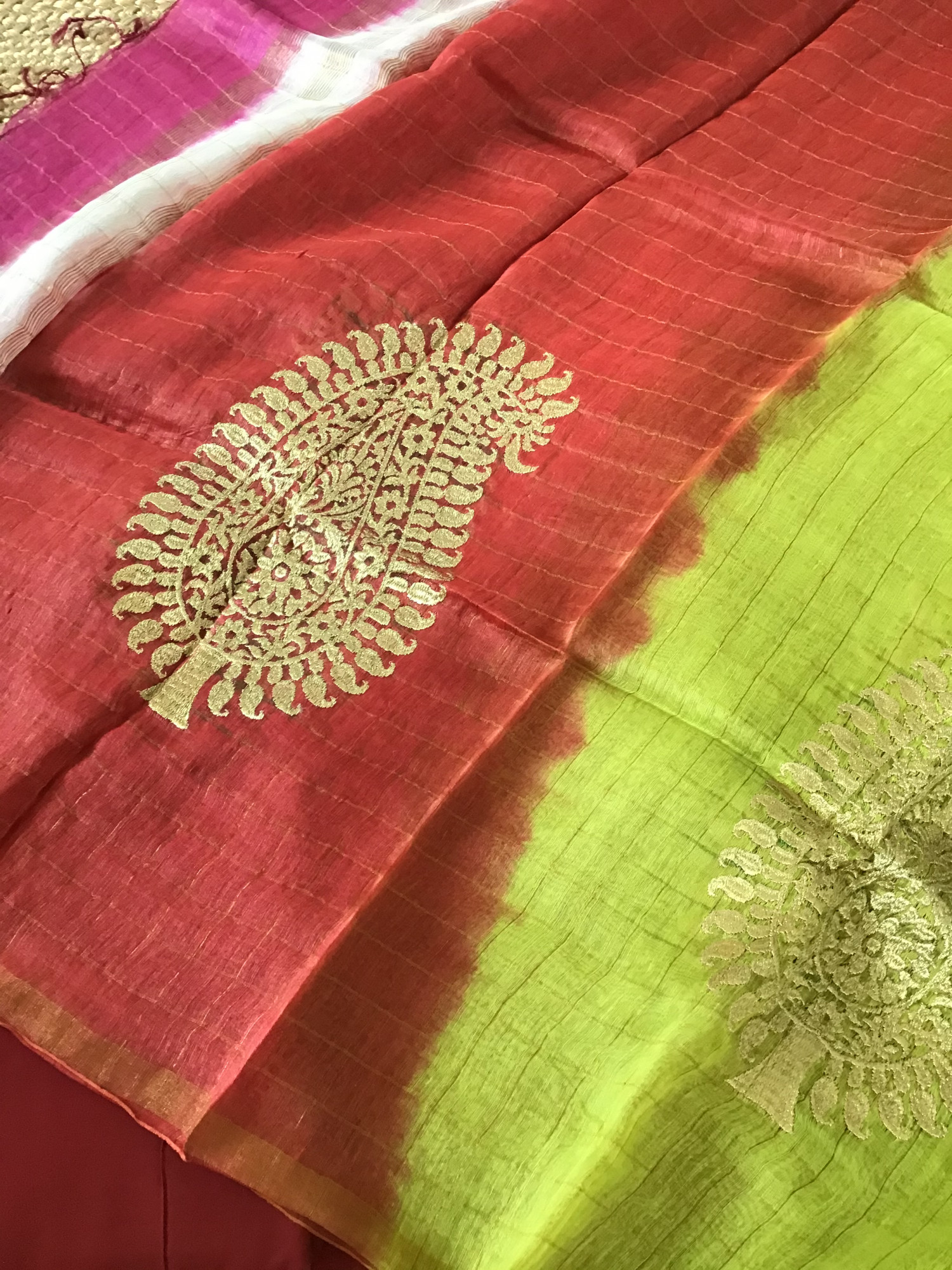 Soft Tussar Silk Self Weaved Embroidered Suit - Red