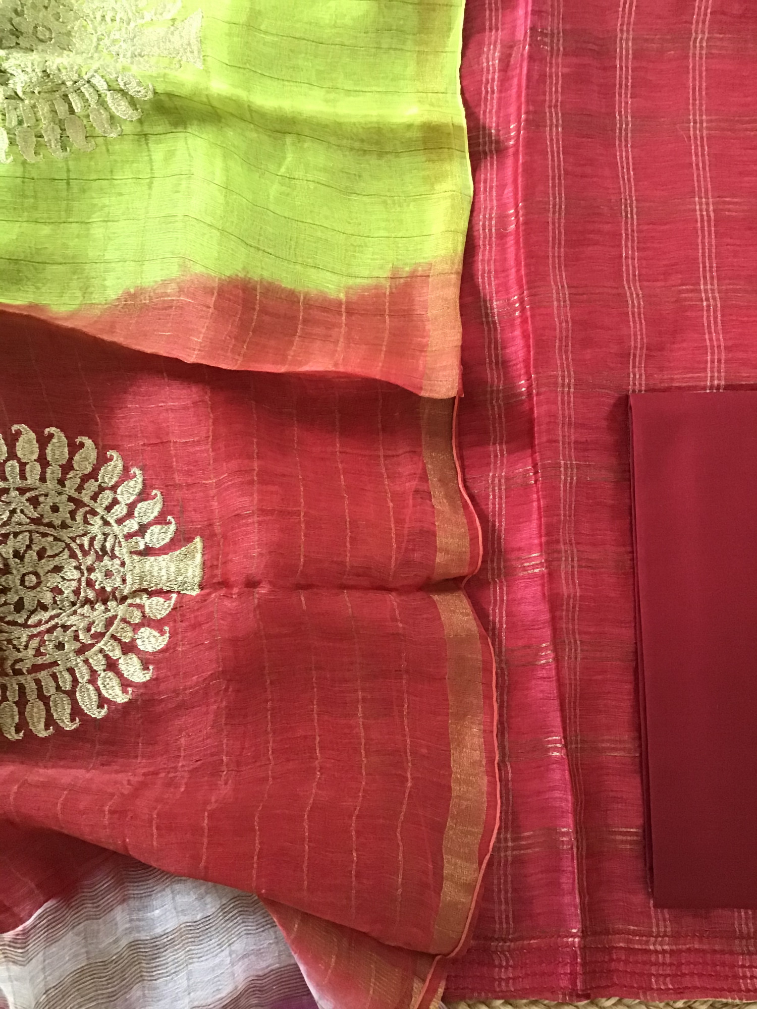 Soft Tussar Silk Self Weaved Embroidered Suit - Red