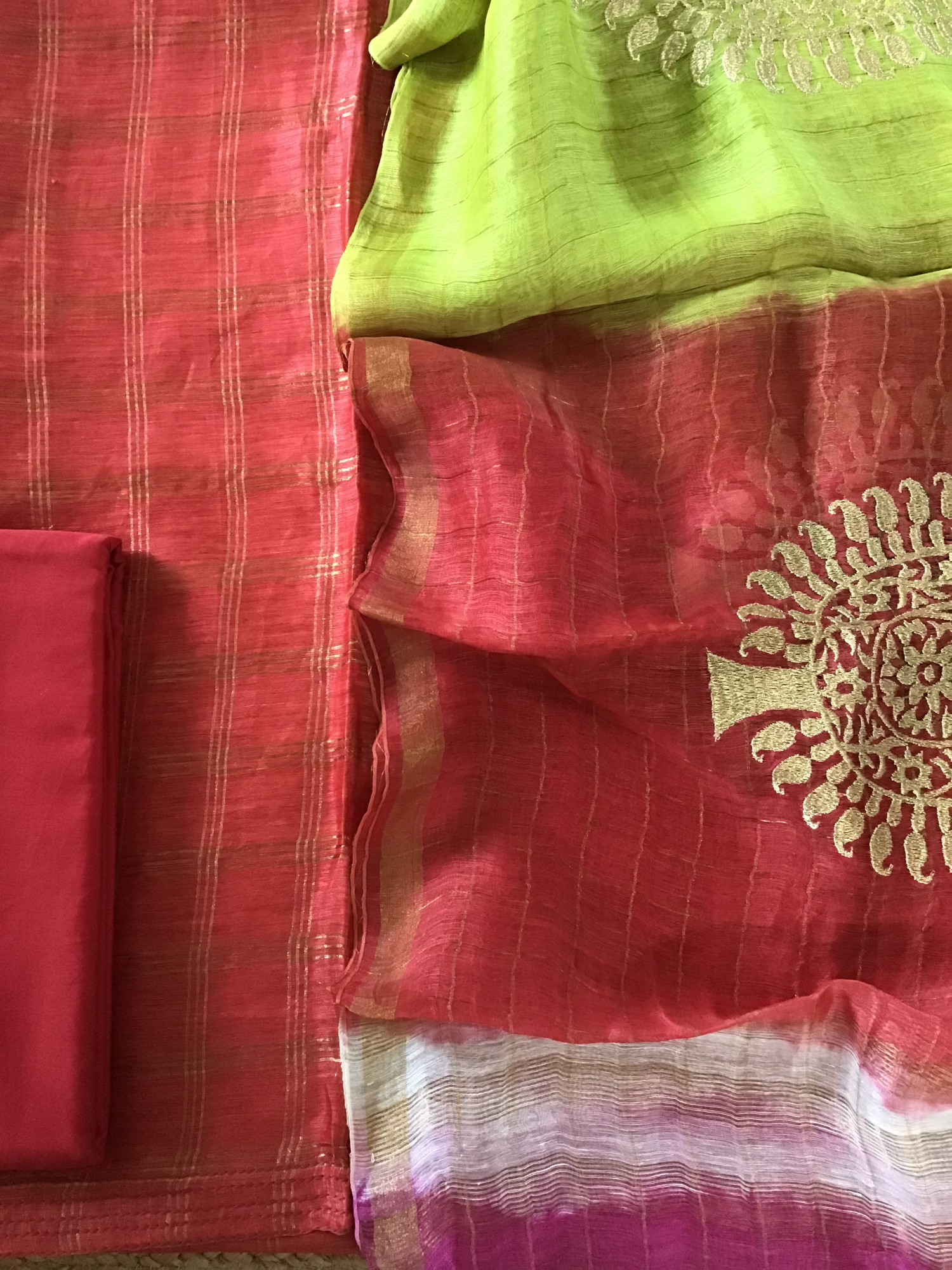 Soft Tussar Silk Self Weaved Embroidered Suit - Orange