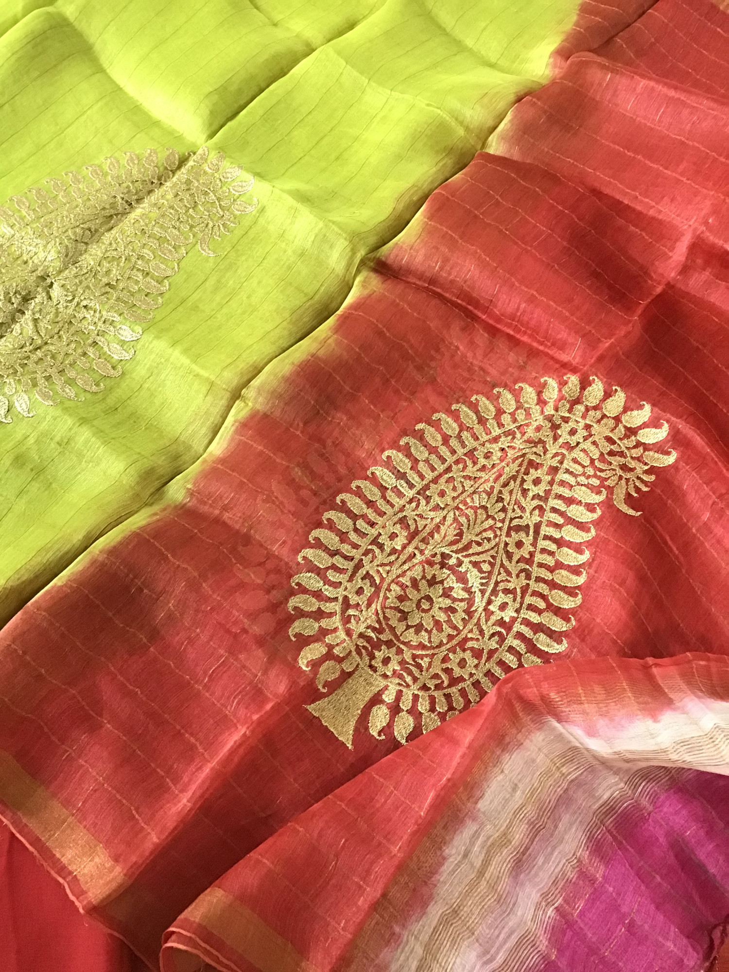 Soft Tussar Silk Self Weaved Embroidered Suit - Orange