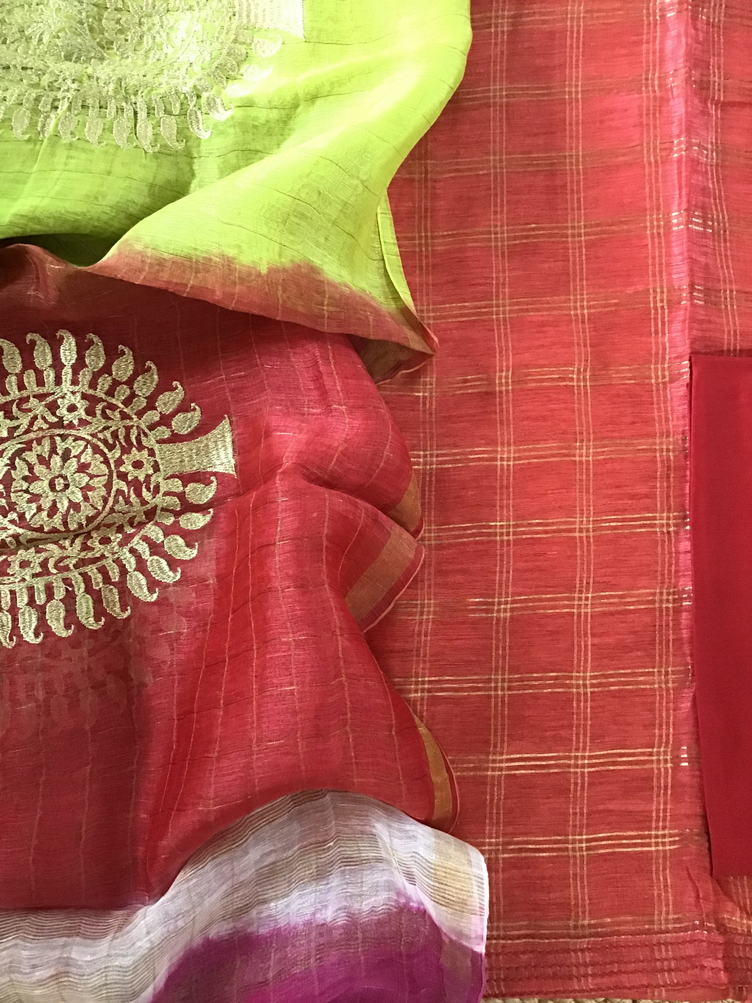 Soft Tussar Silk Self Weaved Embroidered Suit - Orange