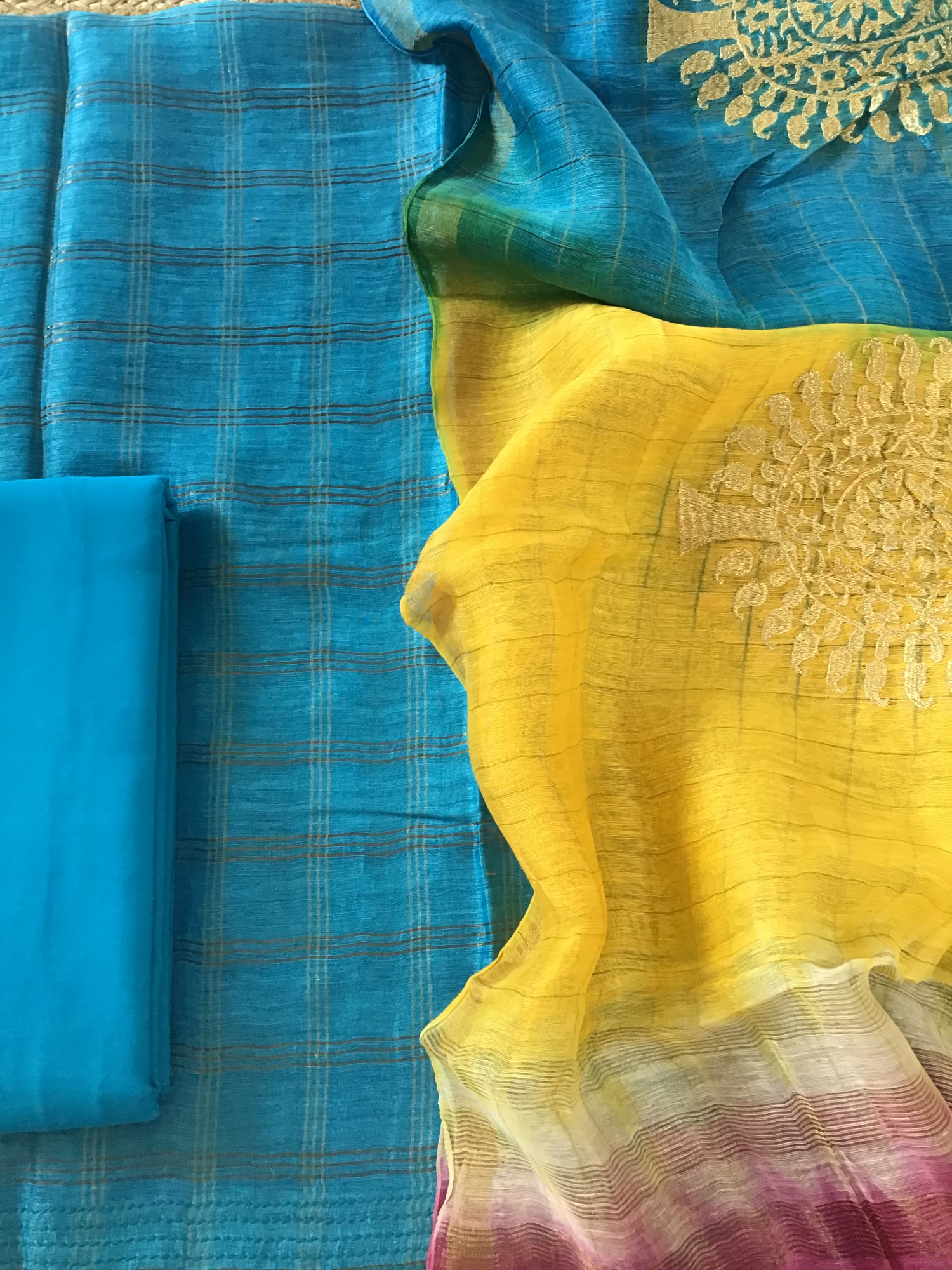 Soft Tussar Silk Self Weaved Embroidered Suit - Blue