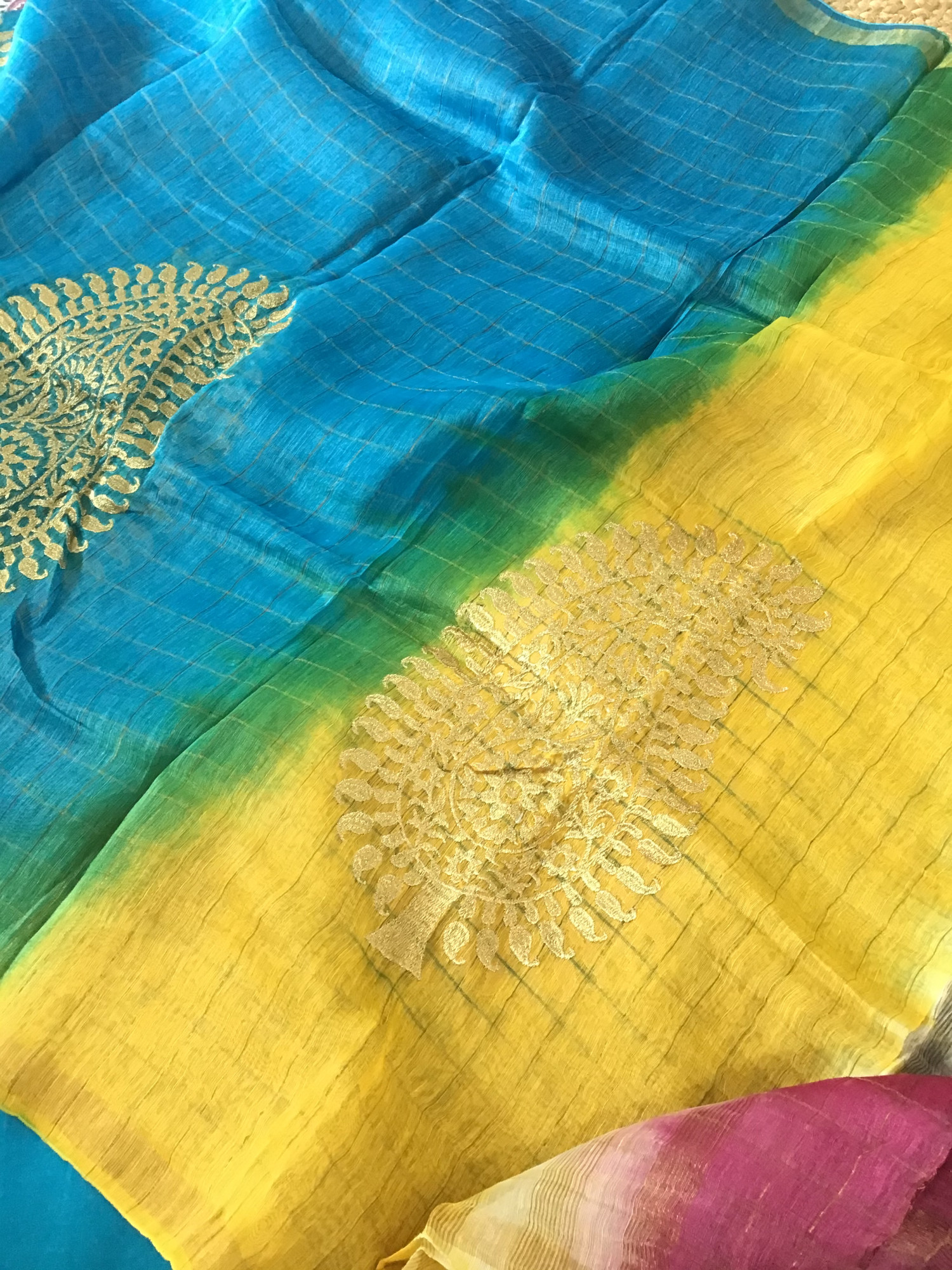 Soft Tussar Silk Self Weaved Embroidered Suit - Blue