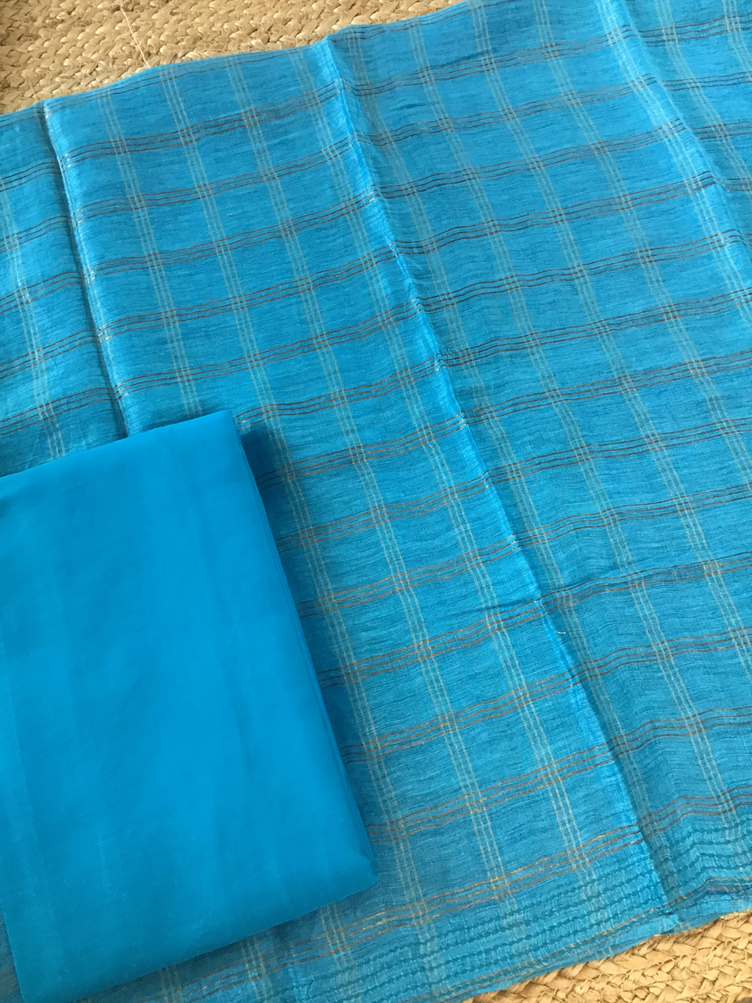 Soft Tussar Silk Self Weaved Embroidered Suit - Blue
