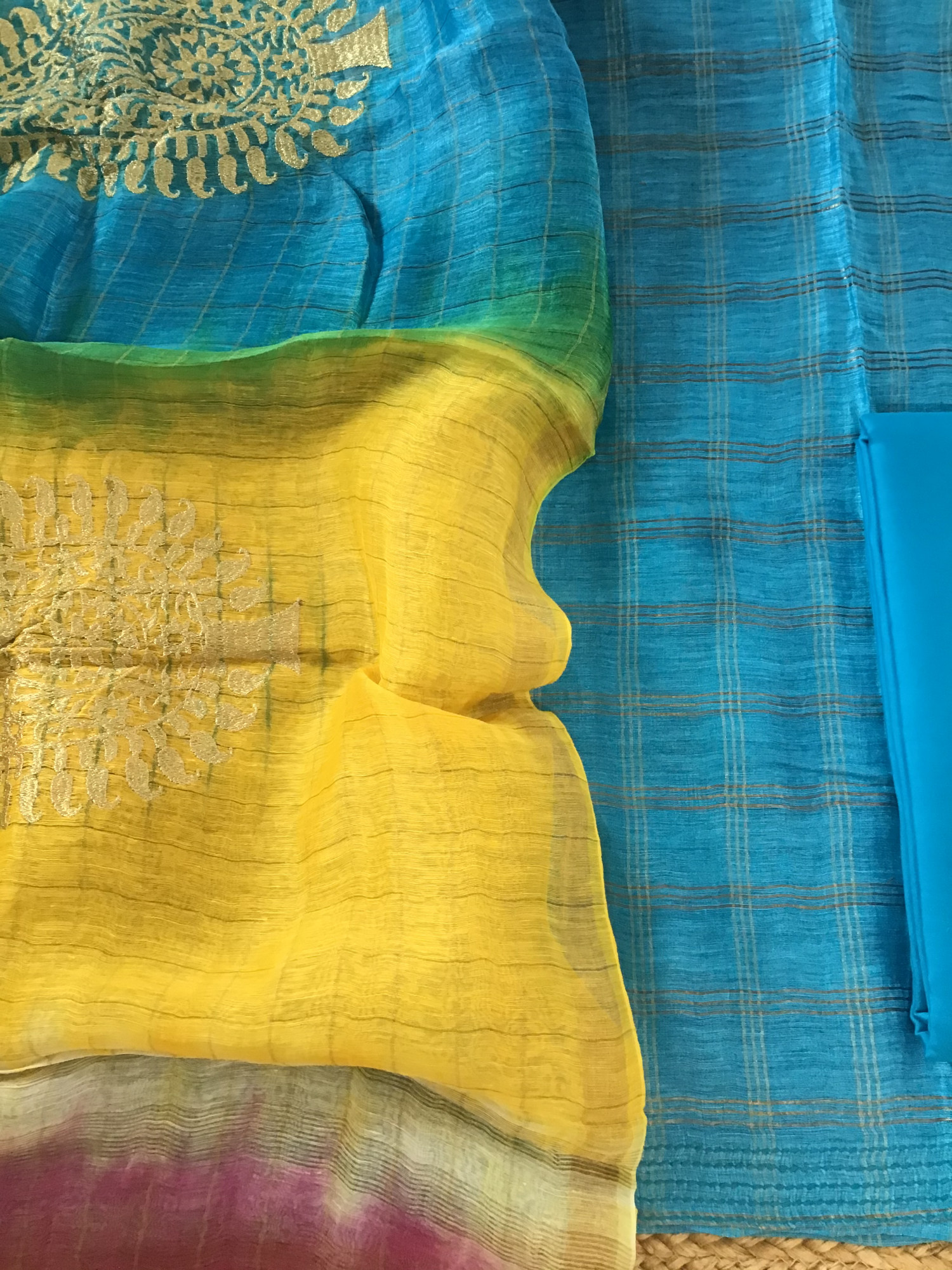 Soft Tussar Silk Self Weaved Embroidered Suit - Blue