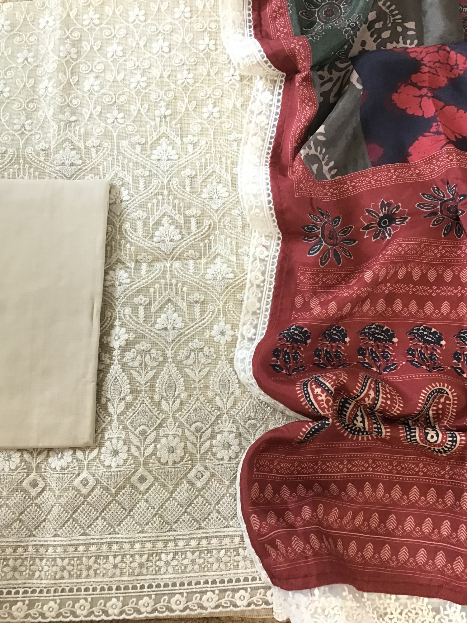 Soft Zari Kota Silk Embroidered Suit - Beige