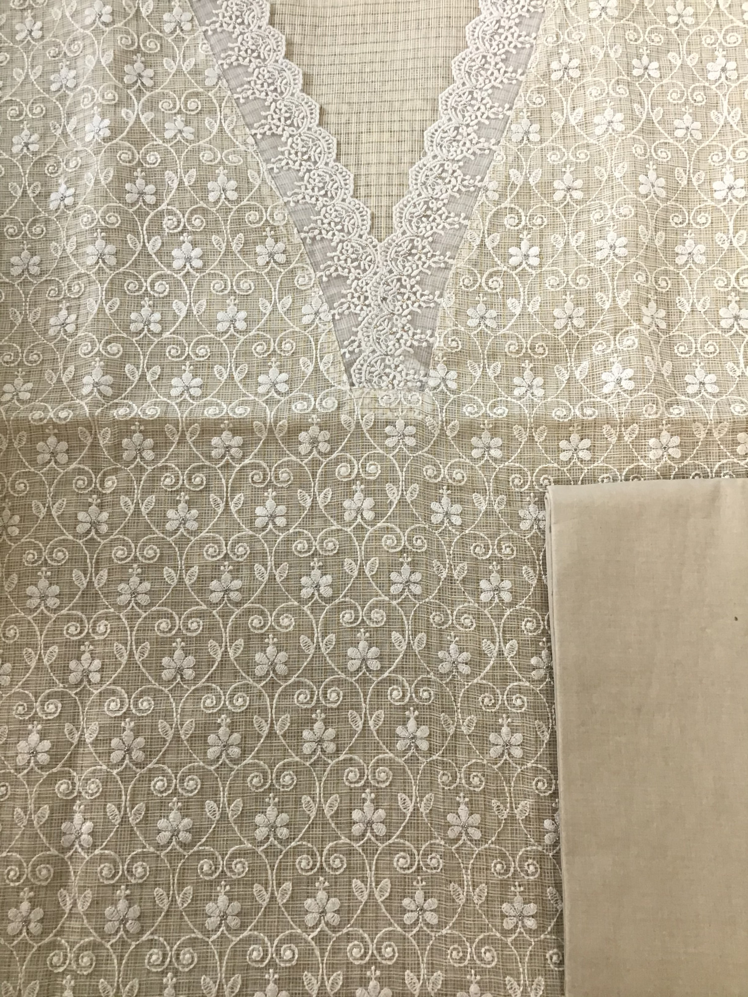 Soft Zari Kota Silk Embroidered Suit - Beige