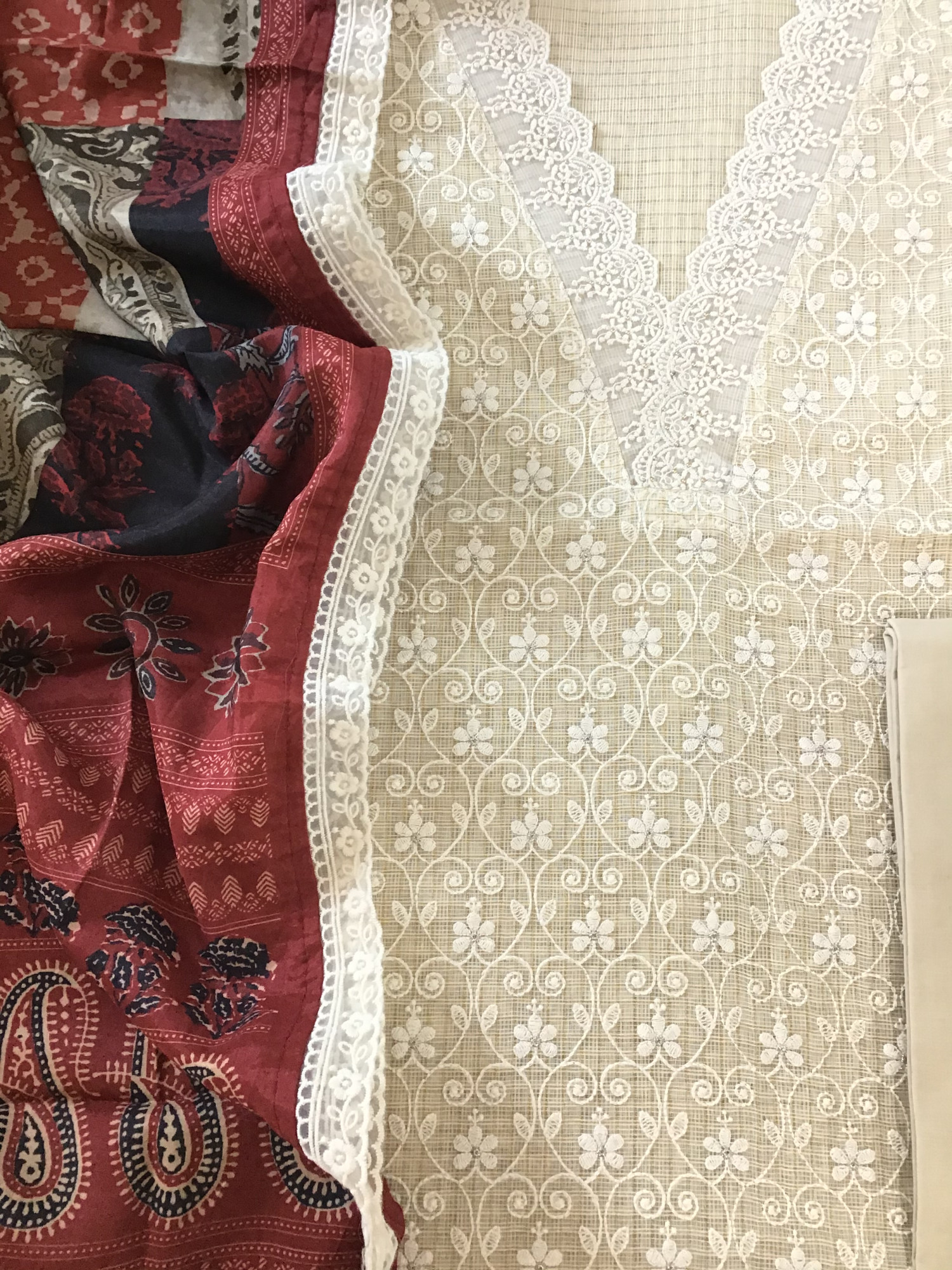 Soft Zari Kota Silk Embroidered Suit - Beige