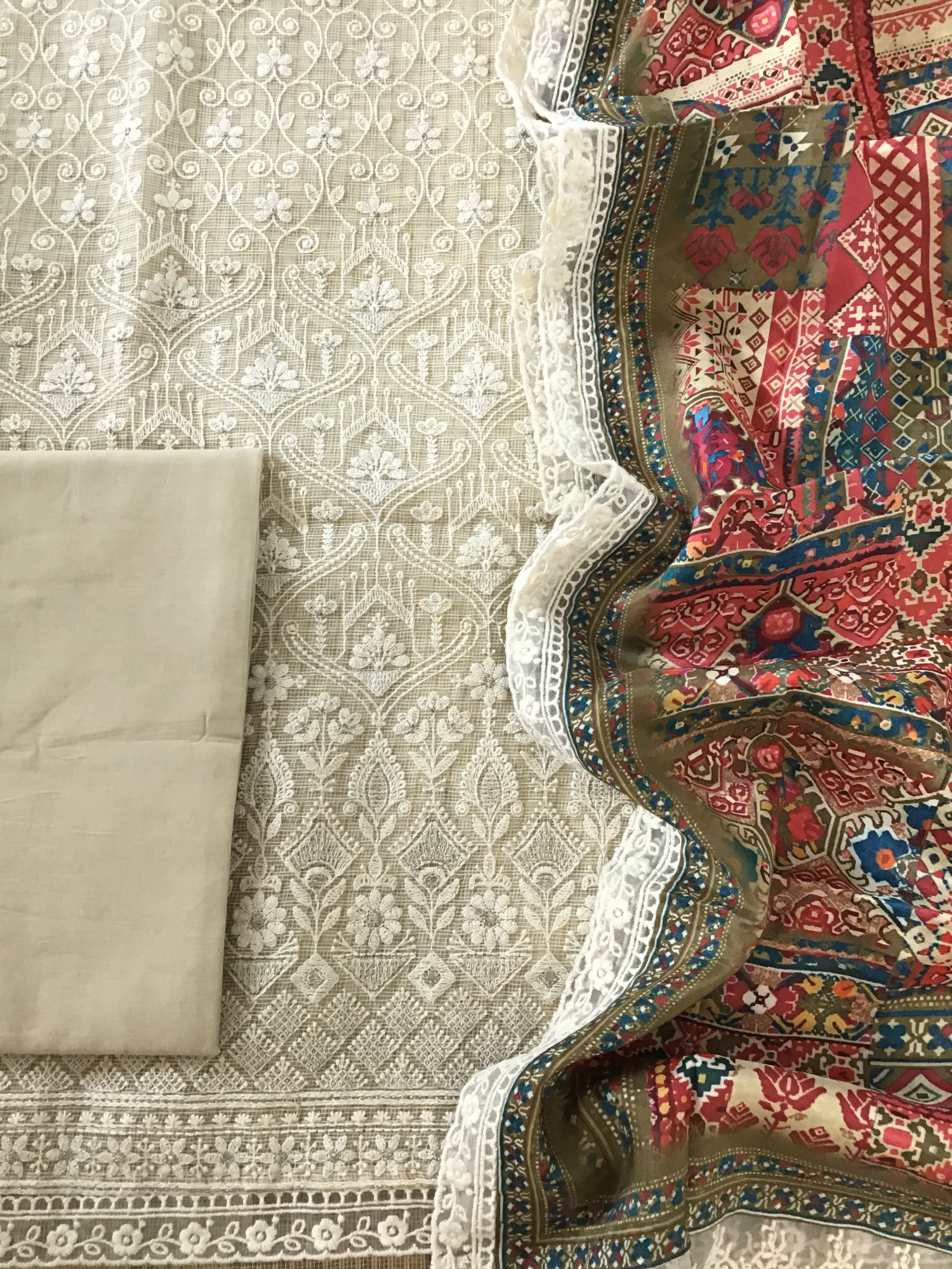 Soft Zari Kota Silk Embroidered Suit - Beige