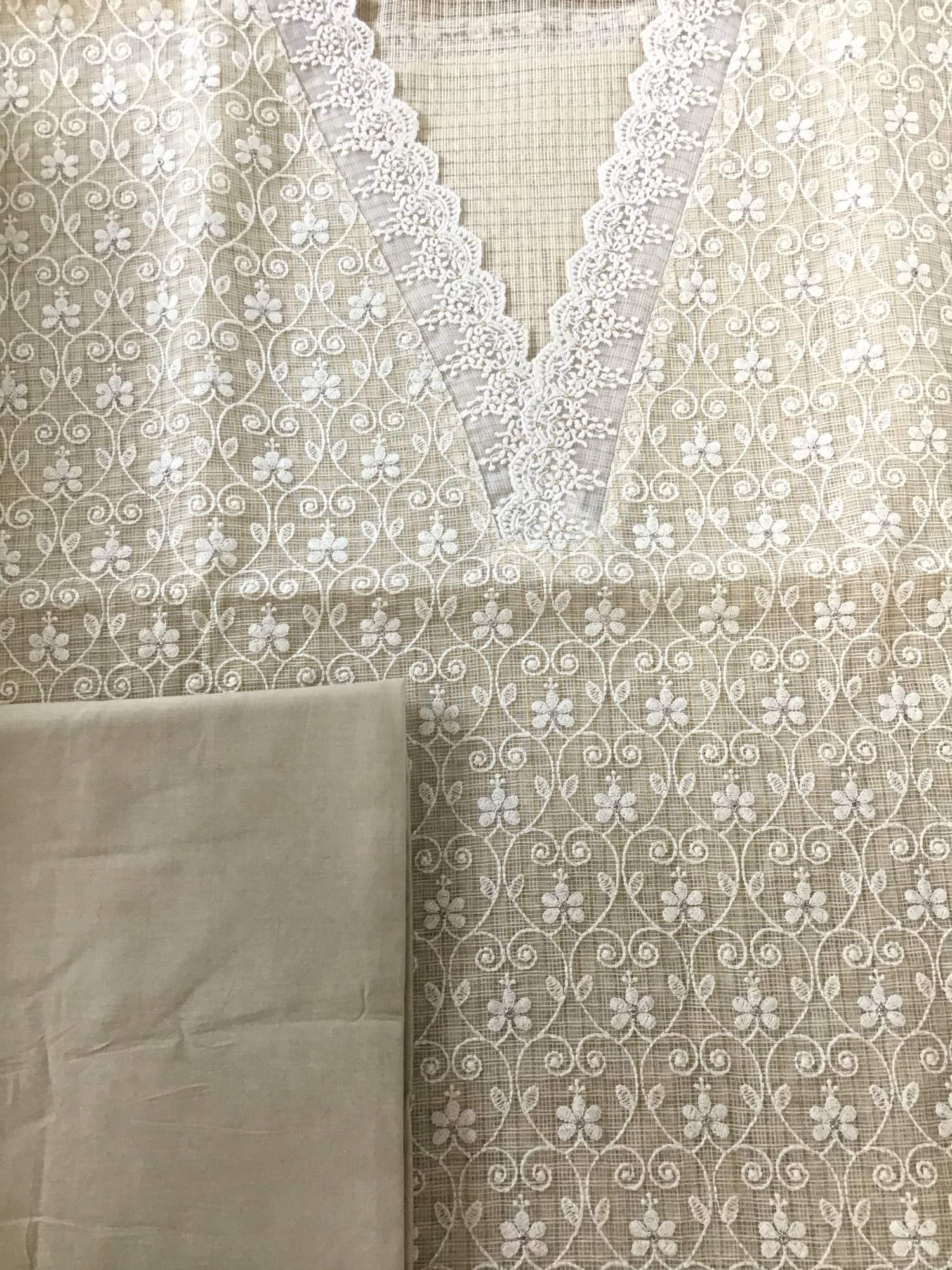 Soft Zari Kota Silk Embroidered Suit - Beige