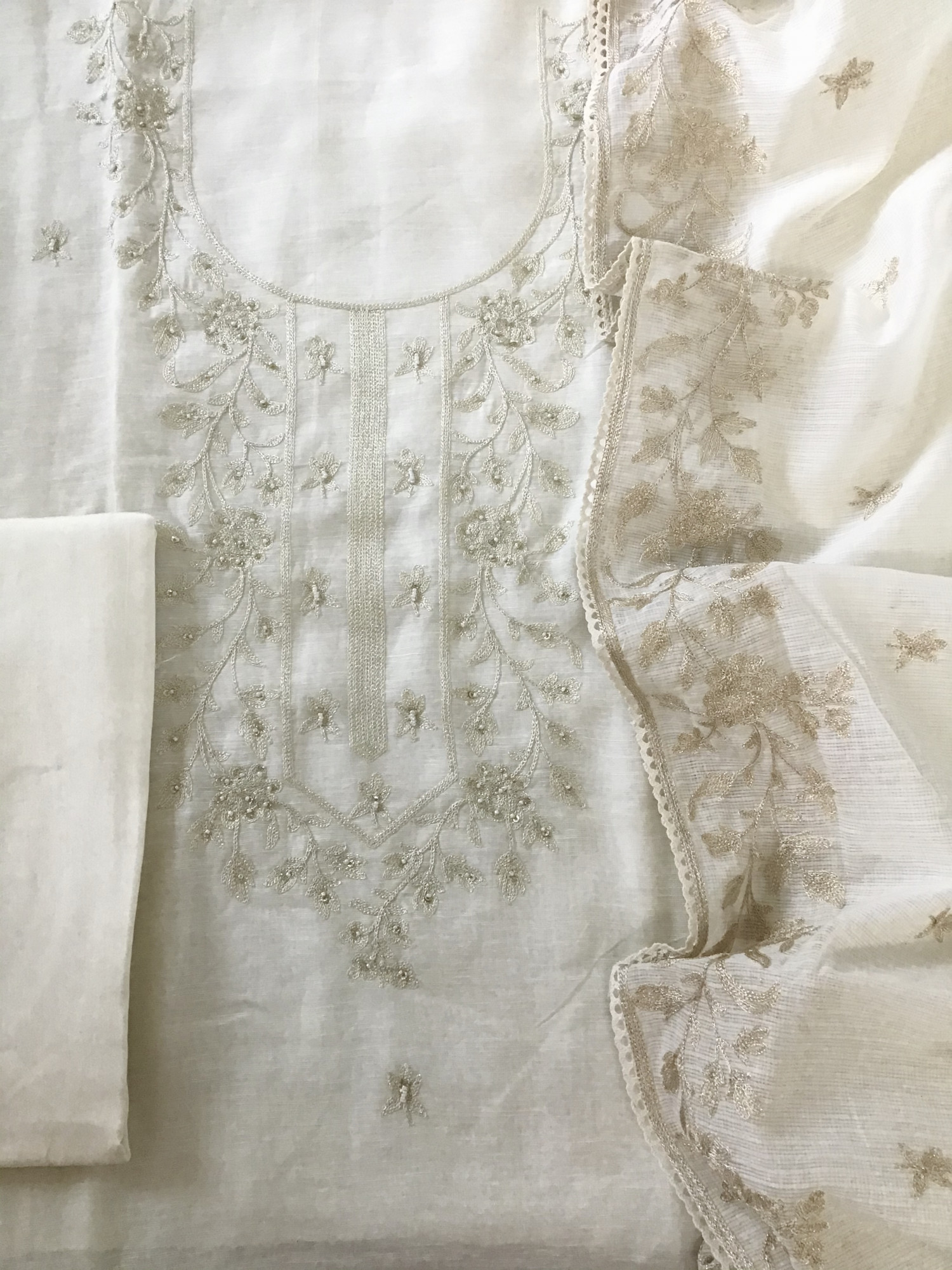 Pure Linen Silk Embroidered Suit - Offwhite