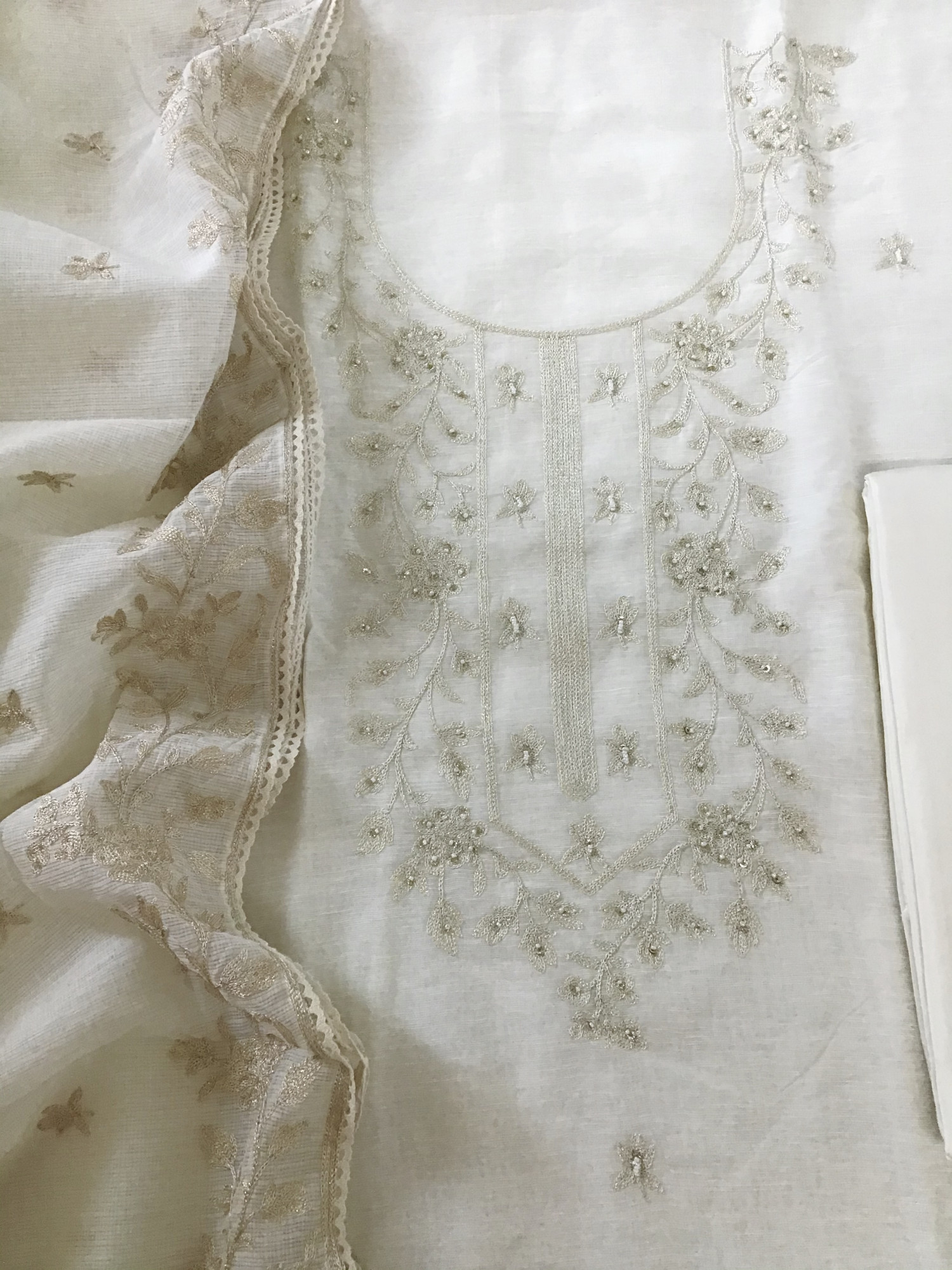 Pure Linen Silk Embroidered Suit - Offwhite