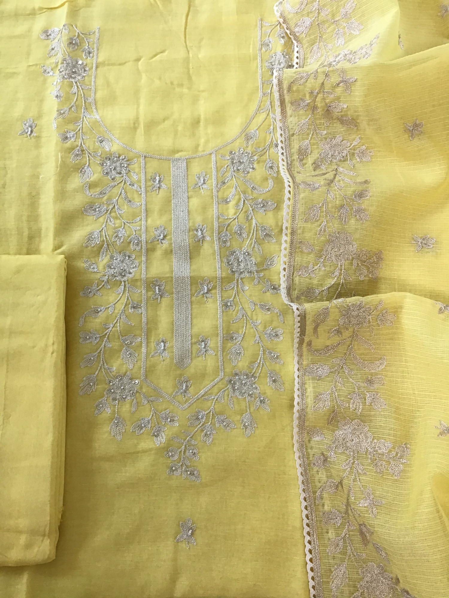 Pure Linen Silk Embroidered Suit - Yellow
