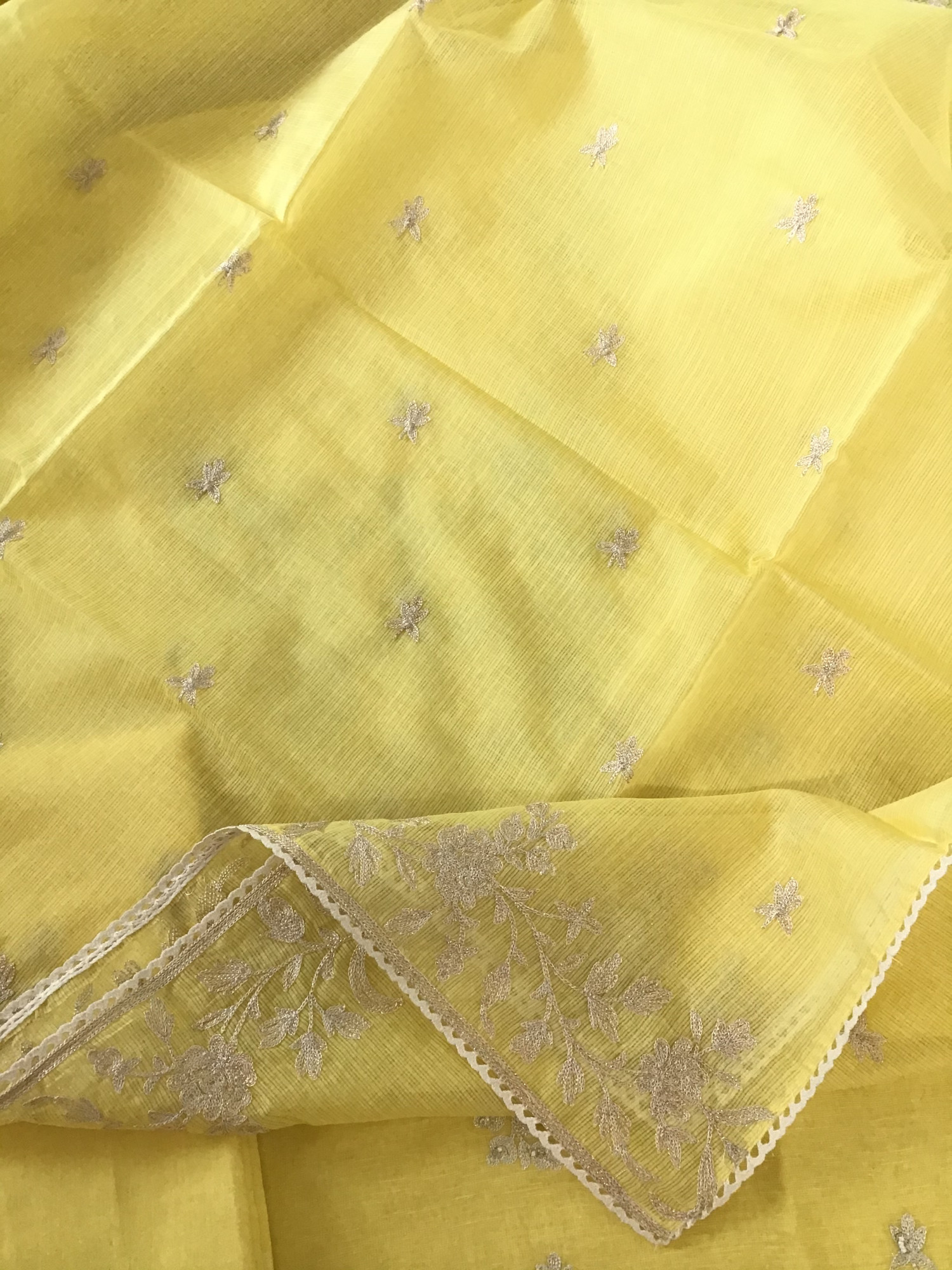 Pure Linen Silk Embroidered Suit - Yellow