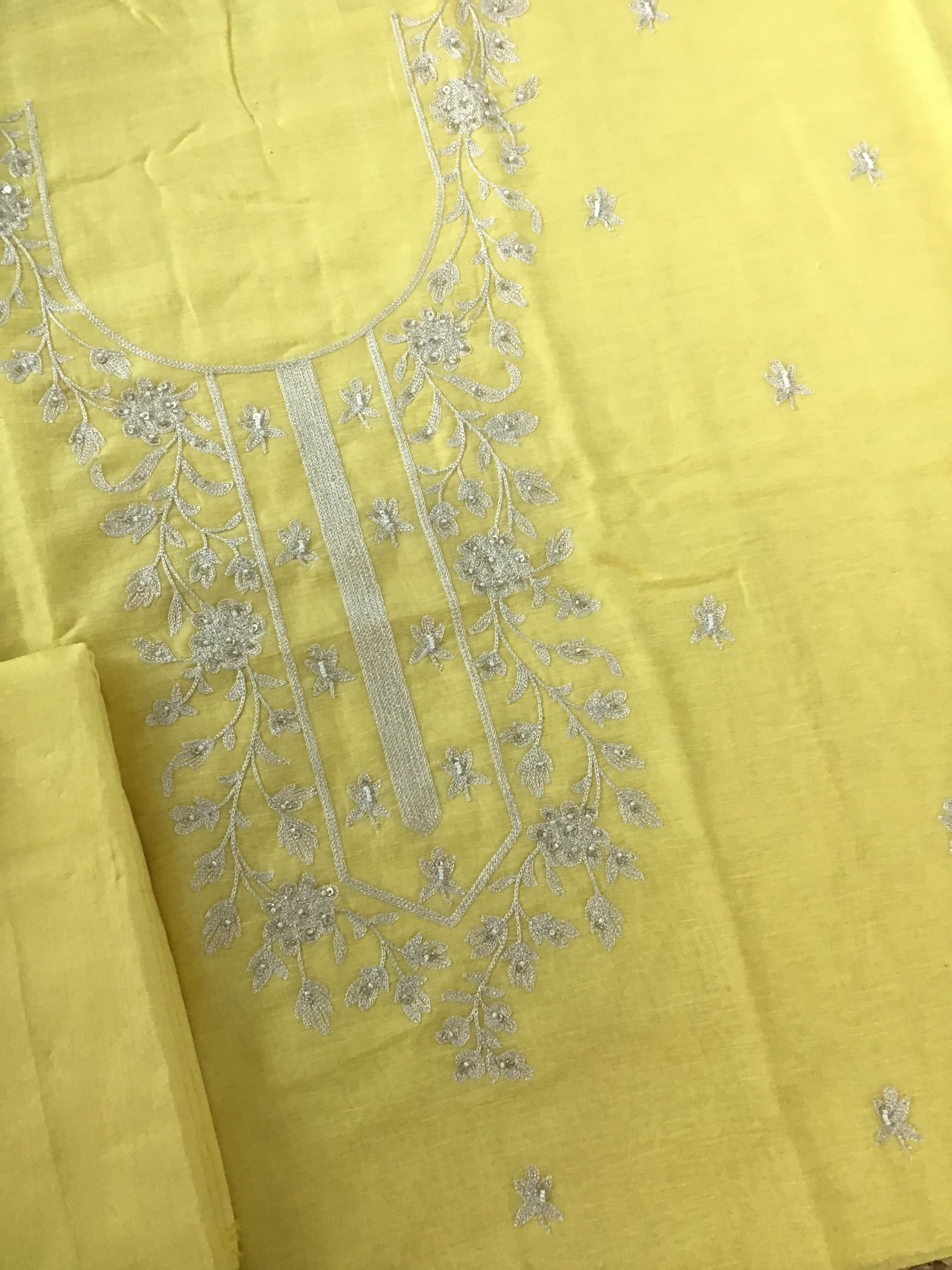 Pure Linen Silk Embroidered Suit - Yellow