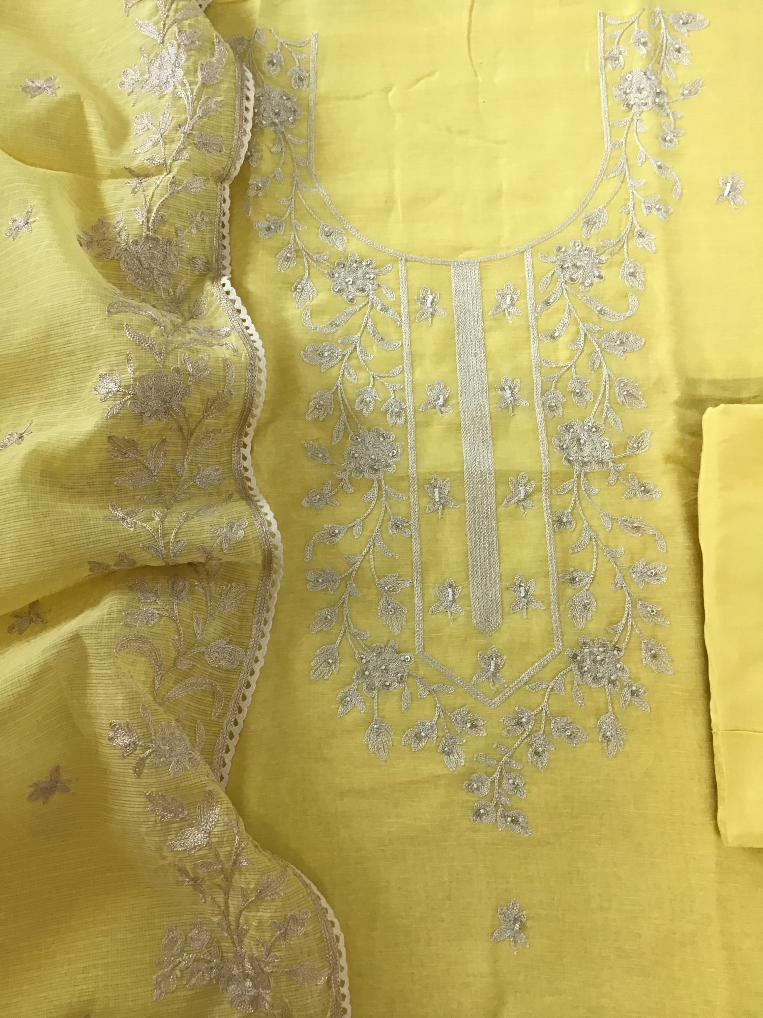 Pure Linen Silk Embroidered Suit - Yellow