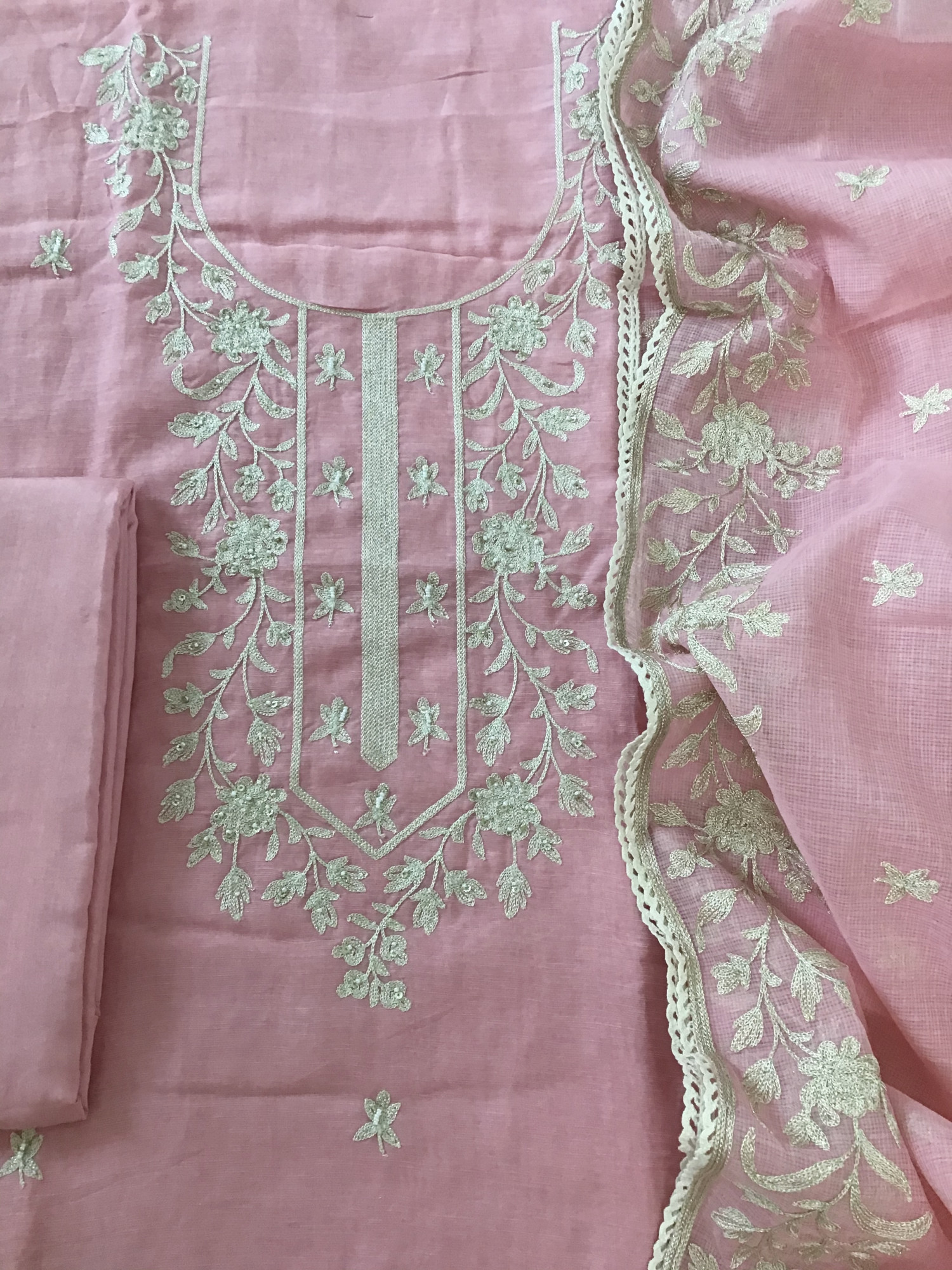 Pure Linen Silk Embroidered Suit - Pink