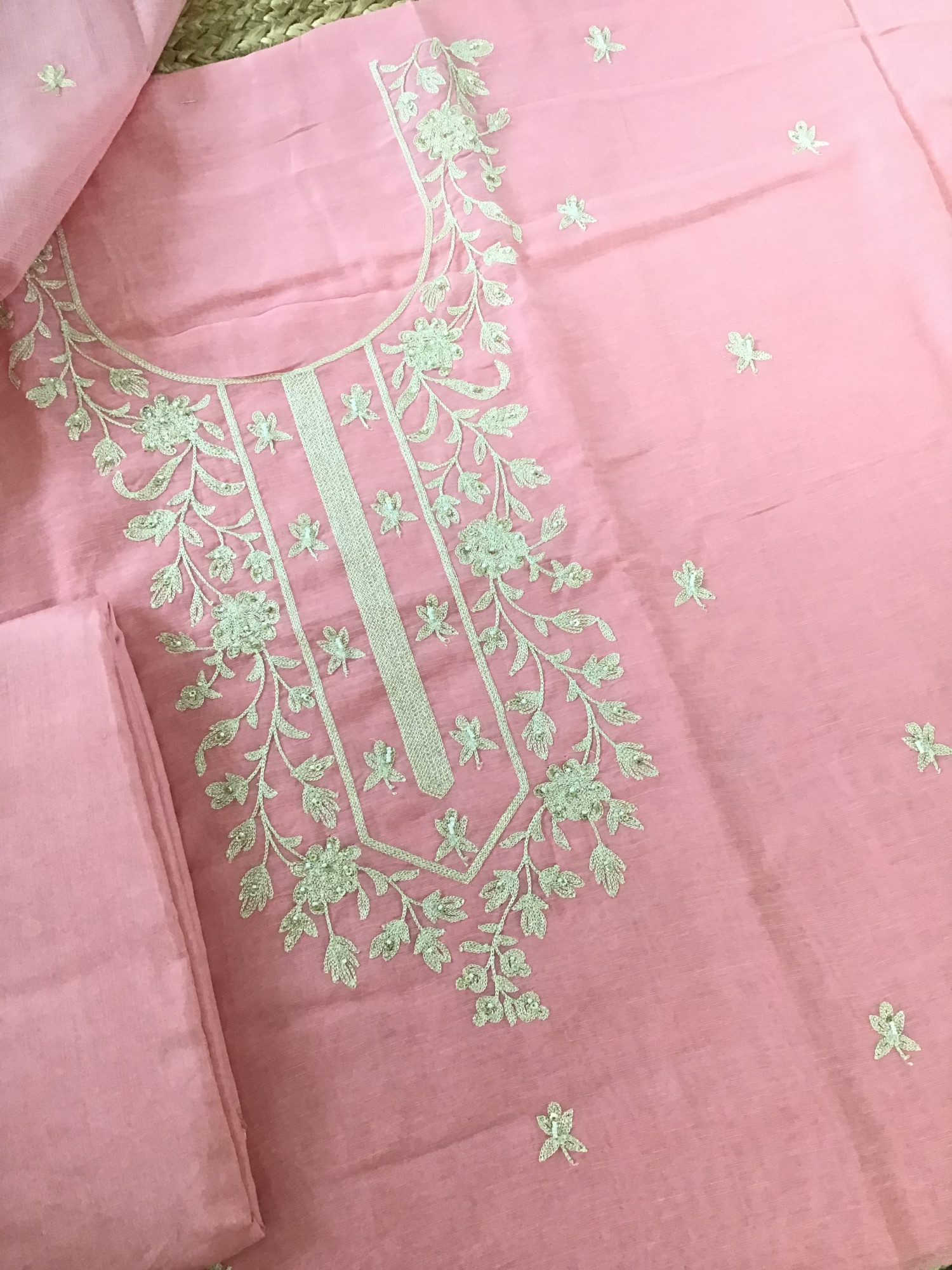 Pure Linen Silk Embroidered Suit - Pink