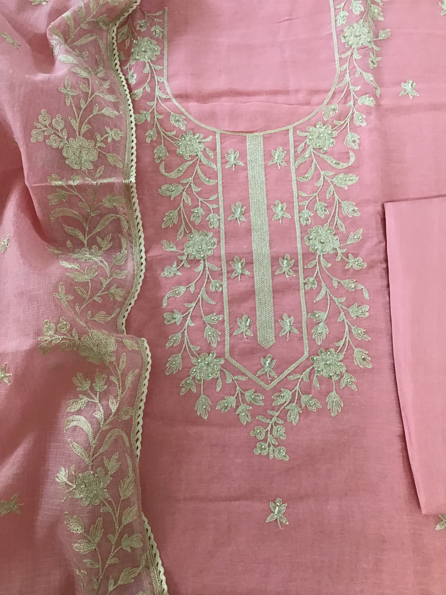 Pure Linen Silk Embroidered Suit - Pink