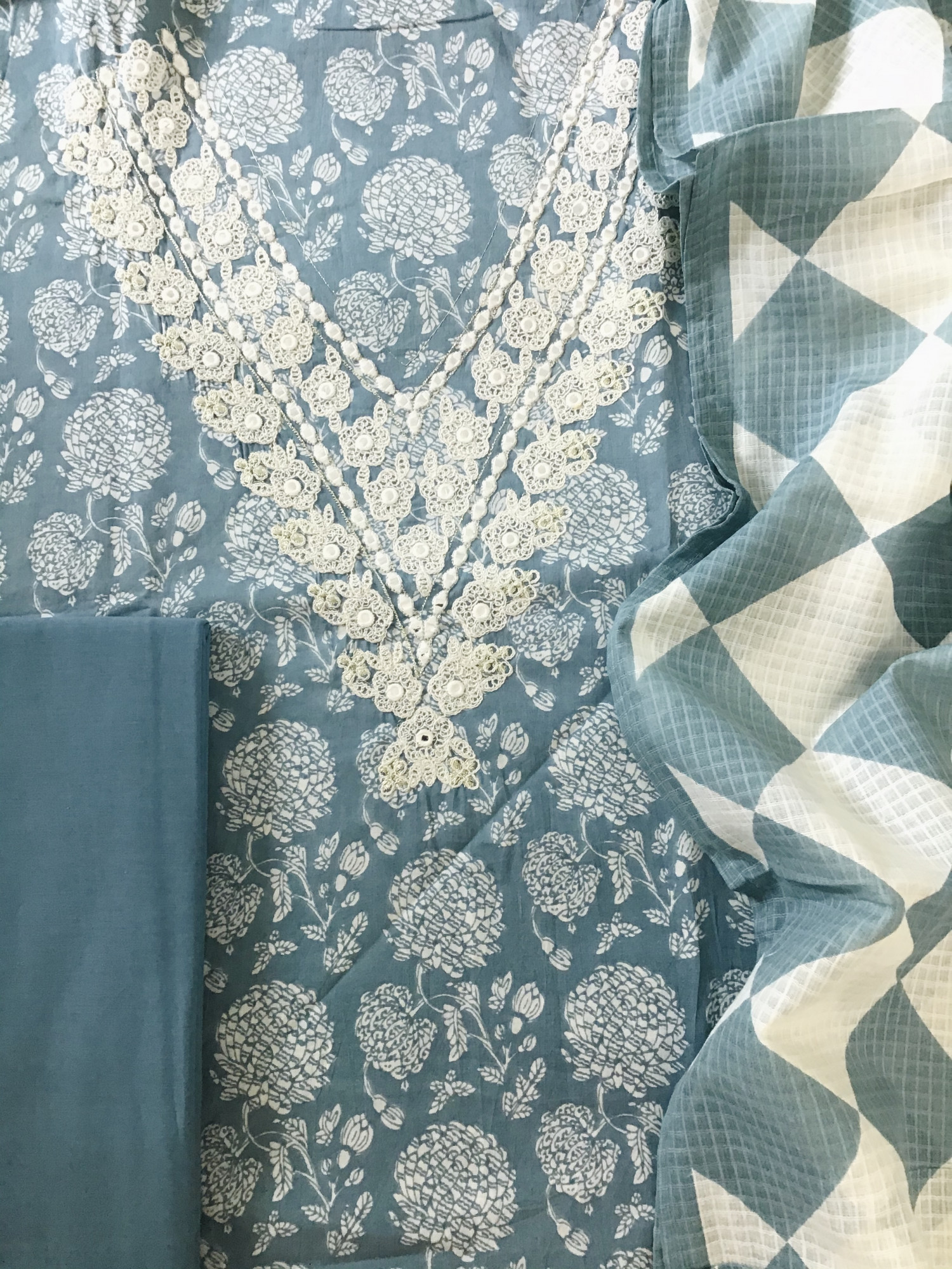 Pure Cotton Printed Embroidered Suit - Blue