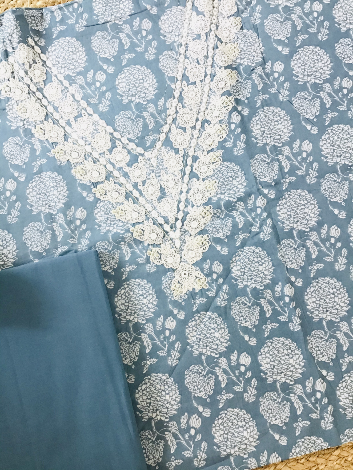 Pure Cotton Printed Embroidered Suit - Blue