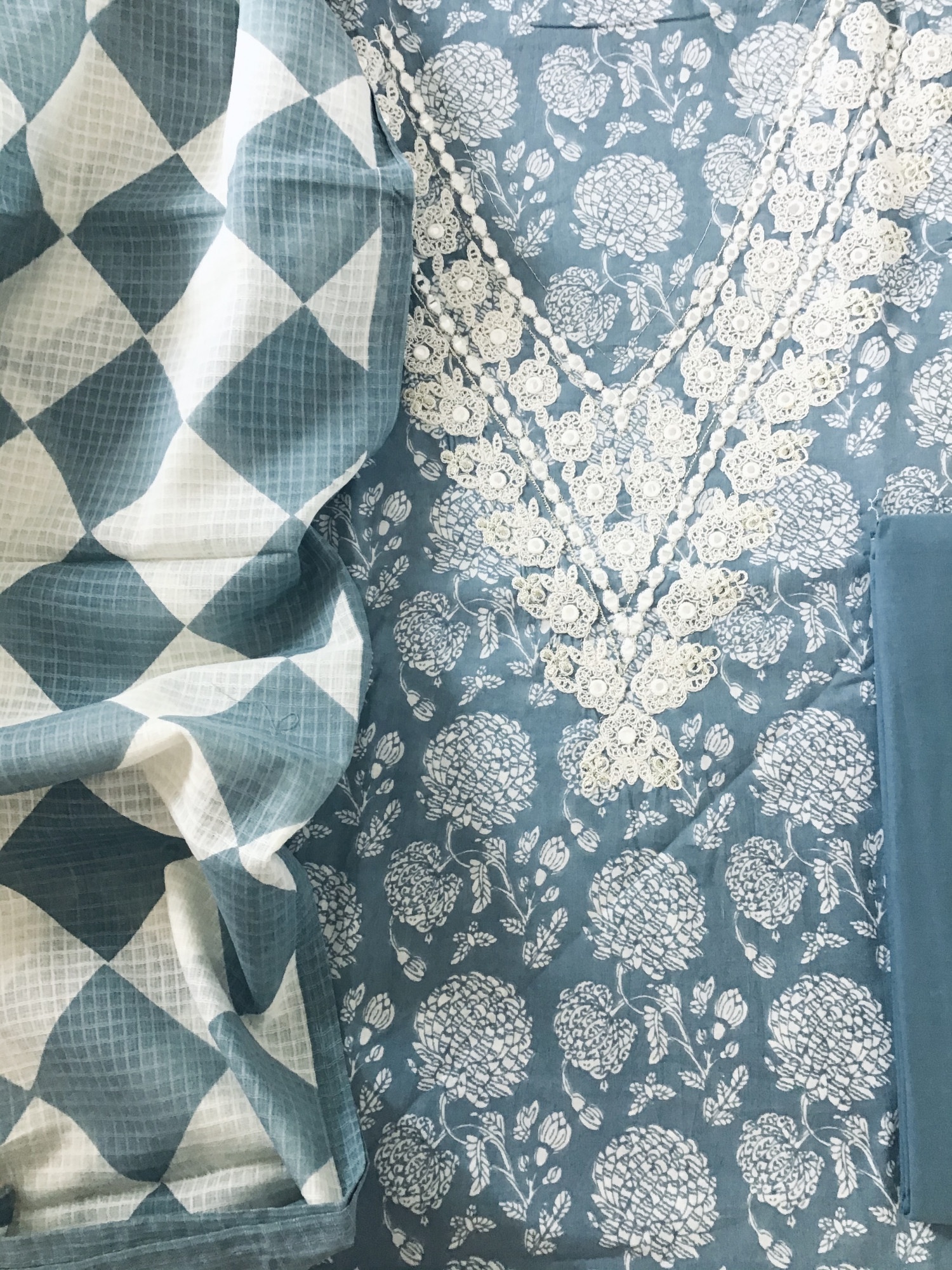 Pure Cotton Printed Embroidered Suit - Blue