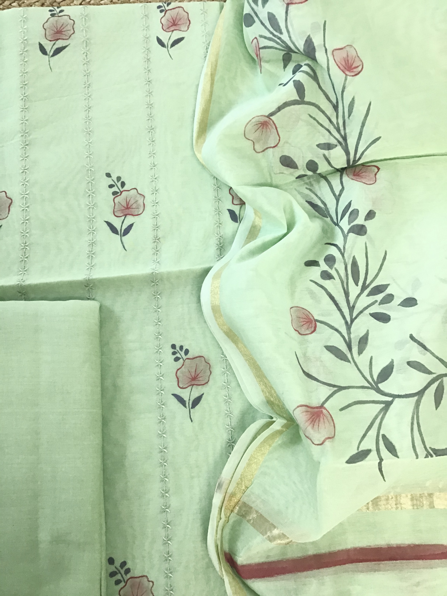 Soft Chanderi Brush Painted Embroidered Suit - Green