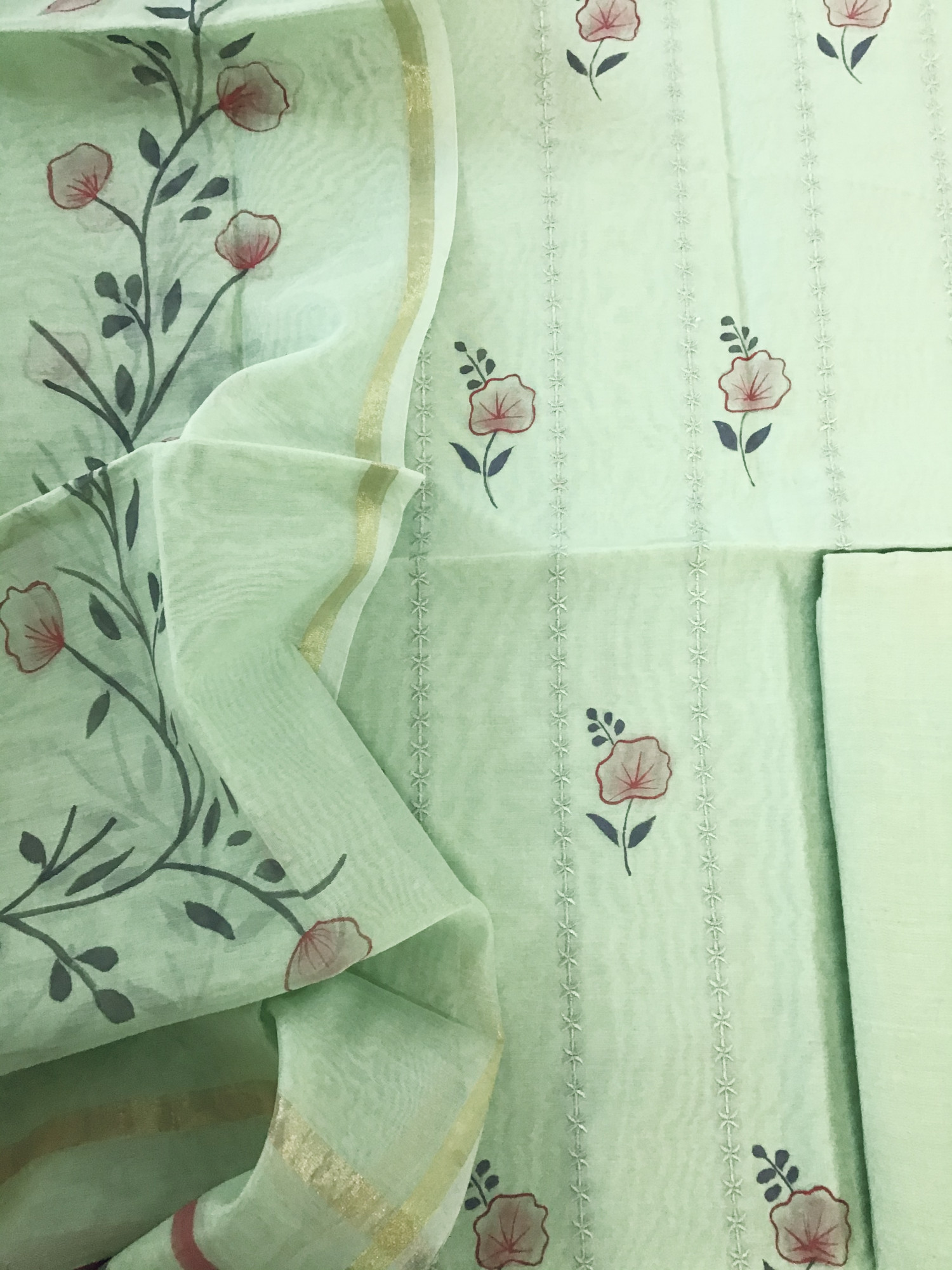 Soft Chanderi Brush Painted Embroidered Suit - Green