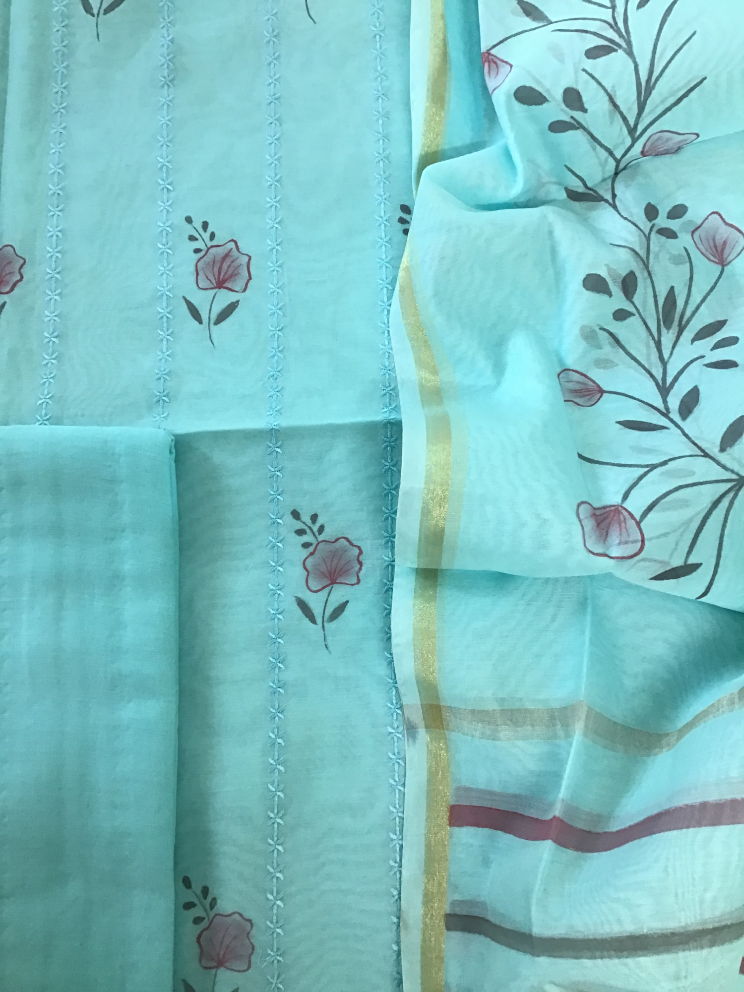 Soft Chanderi Brush Painted Embroidered Suit - Blue