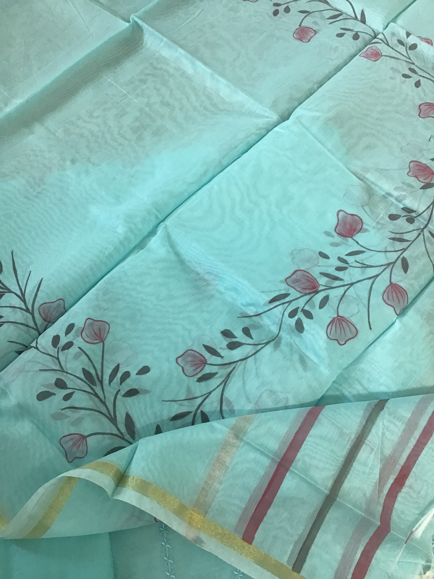 Soft Chanderi Brush Painted Embroidered Suit - Blue