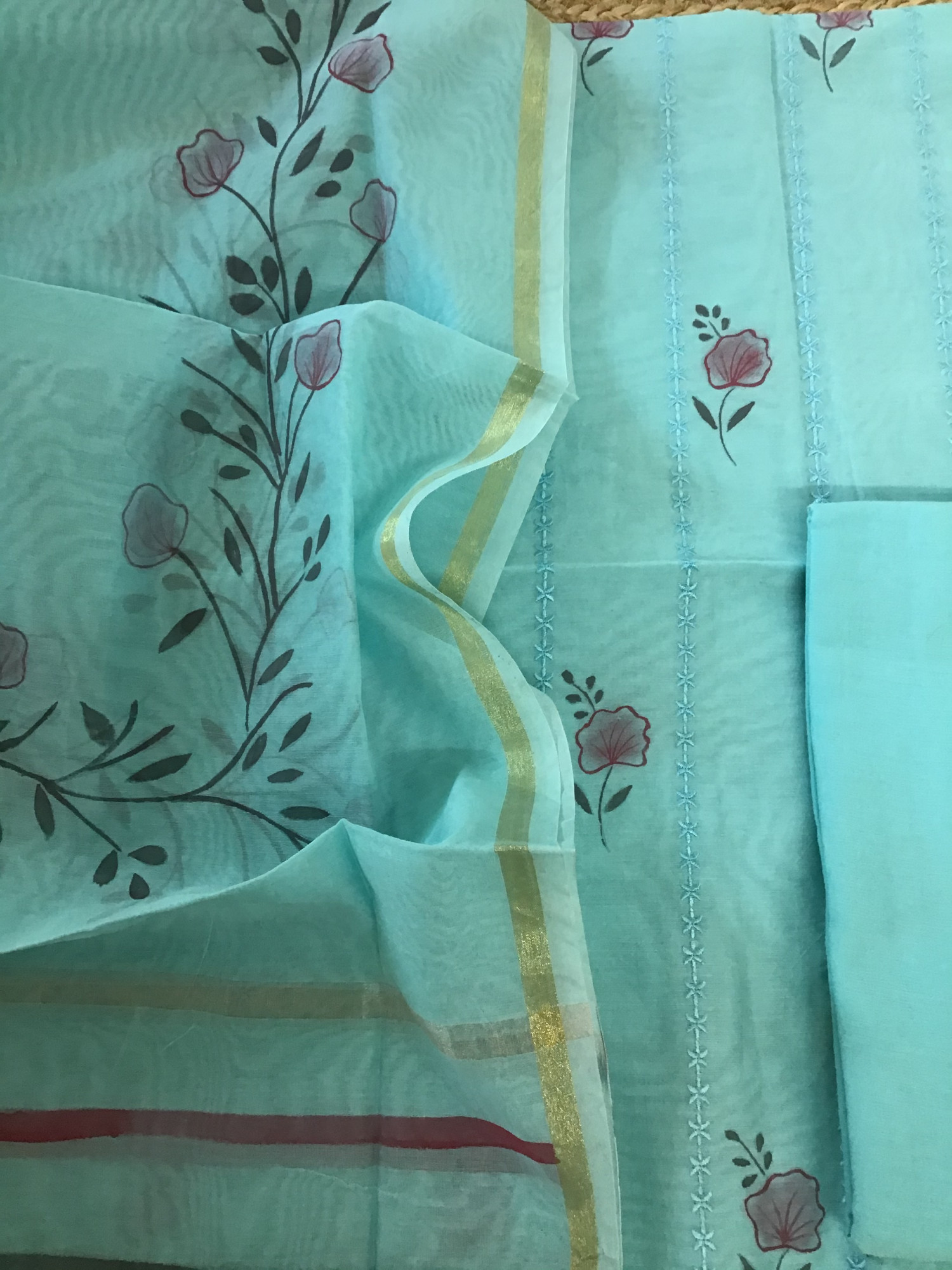 Soft Chanderi Brush Painted Embroidered Suit - Blue