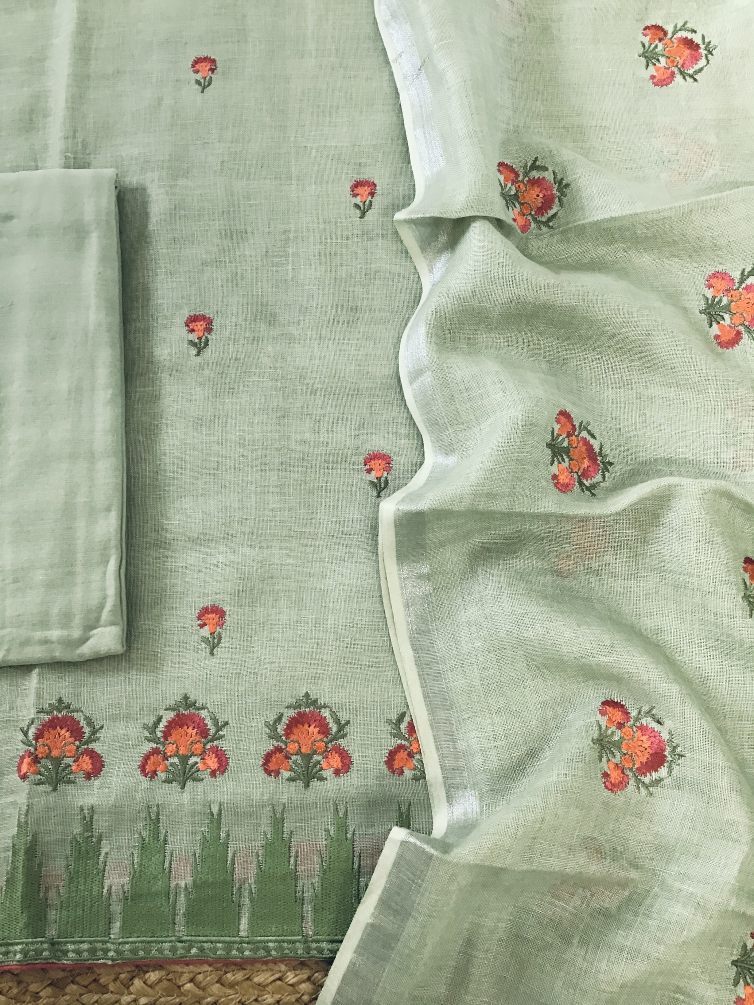 Pure Linen Jute Cotton Embroidered Suit - Green