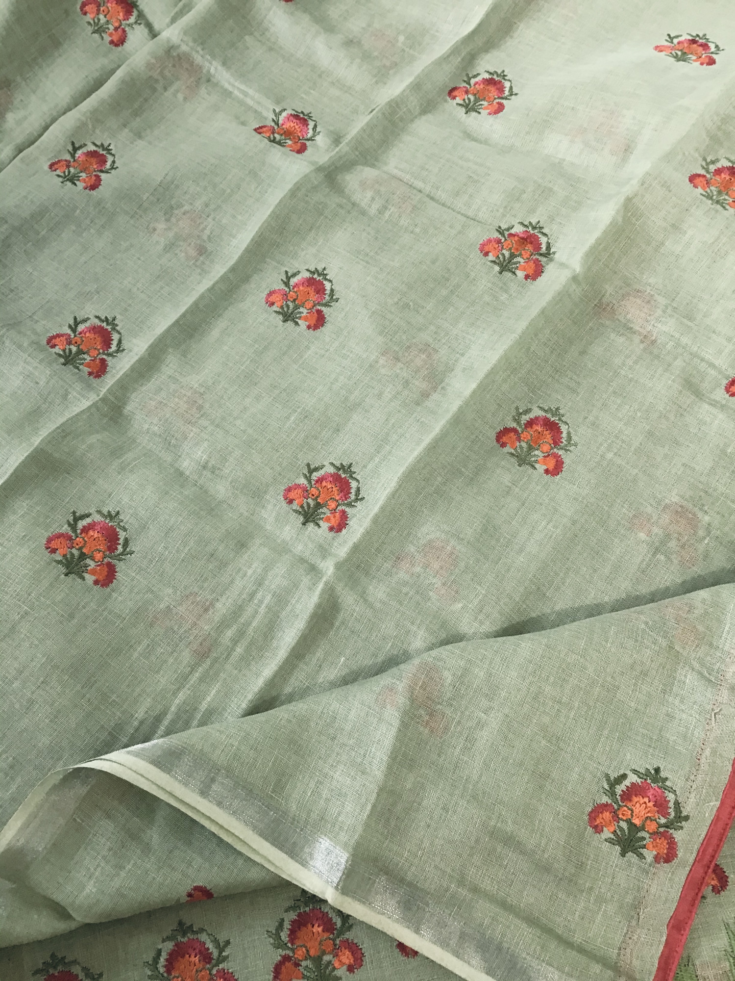 Pure Linen Jute Cotton Embroidered Suit - Green