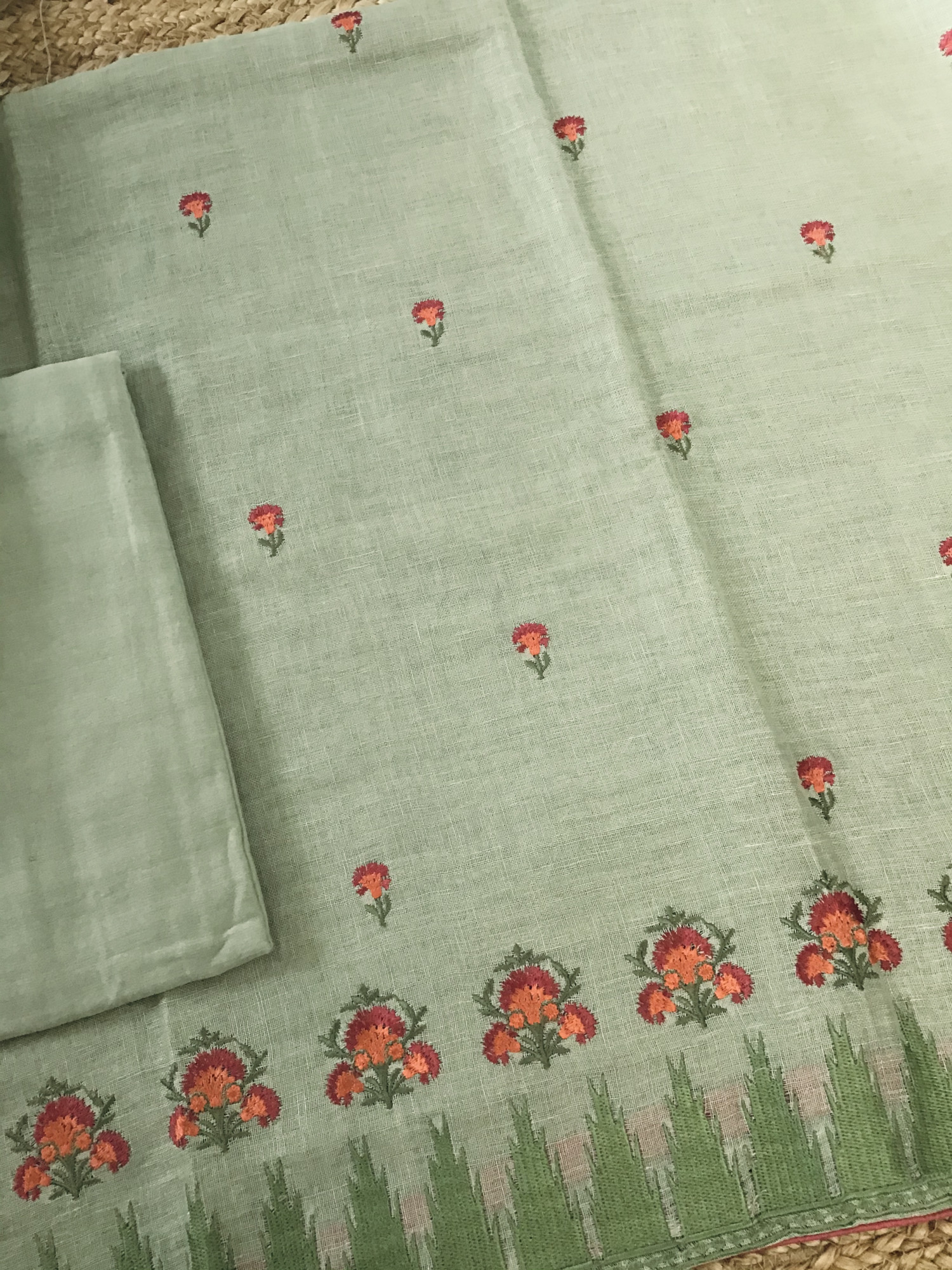 Pure Linen Jute Cotton Embroidered Suit - Green