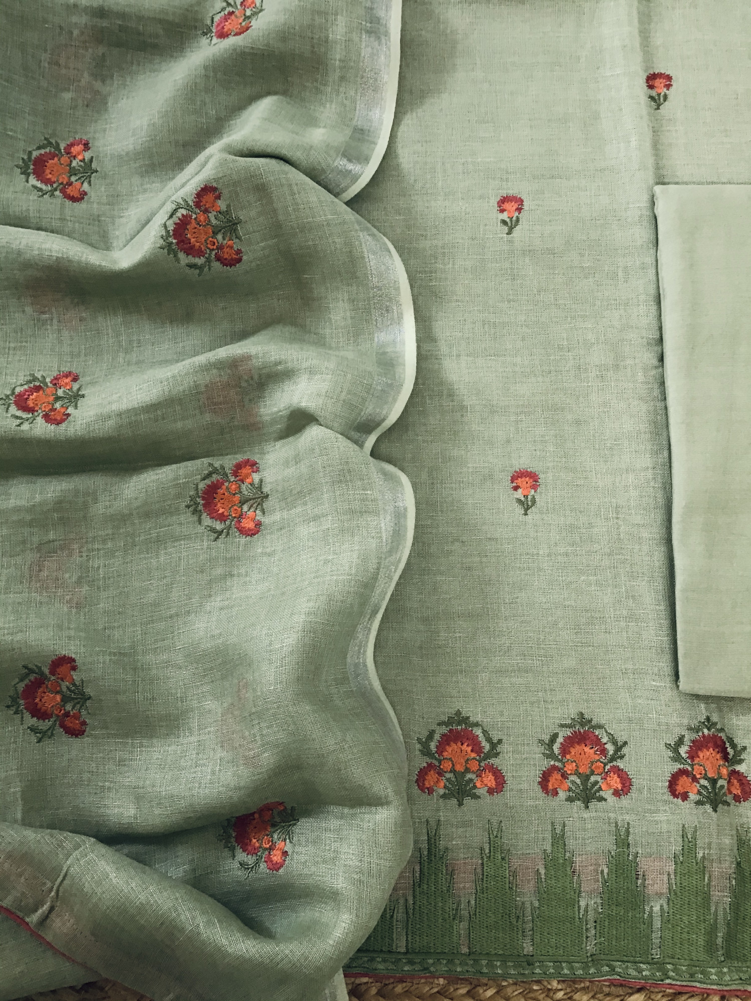 Pure Linen Jute Cotton Embroidered Suit - Green