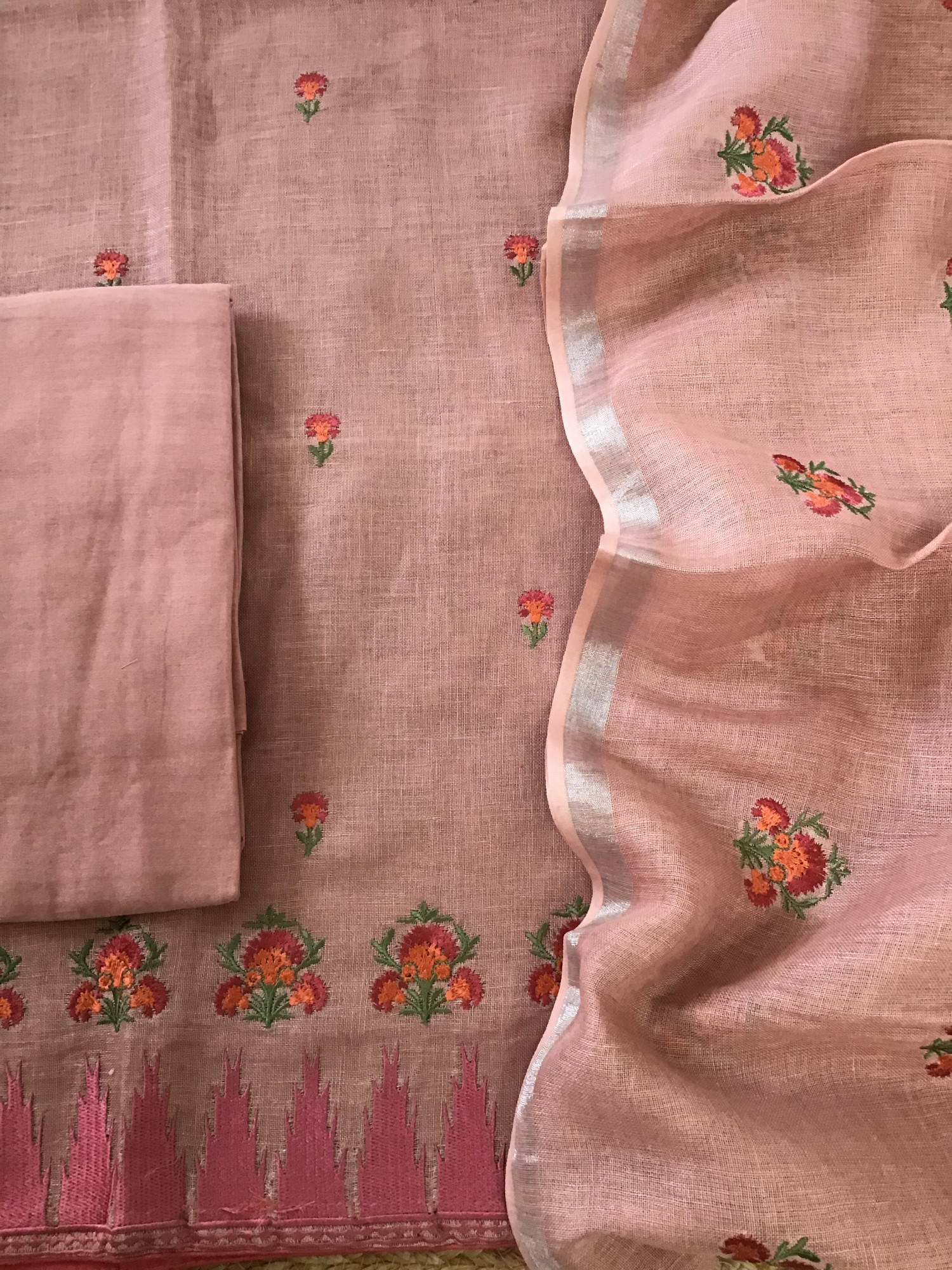 Pure Linen Jute Cotton Embroidered Suit - Pink