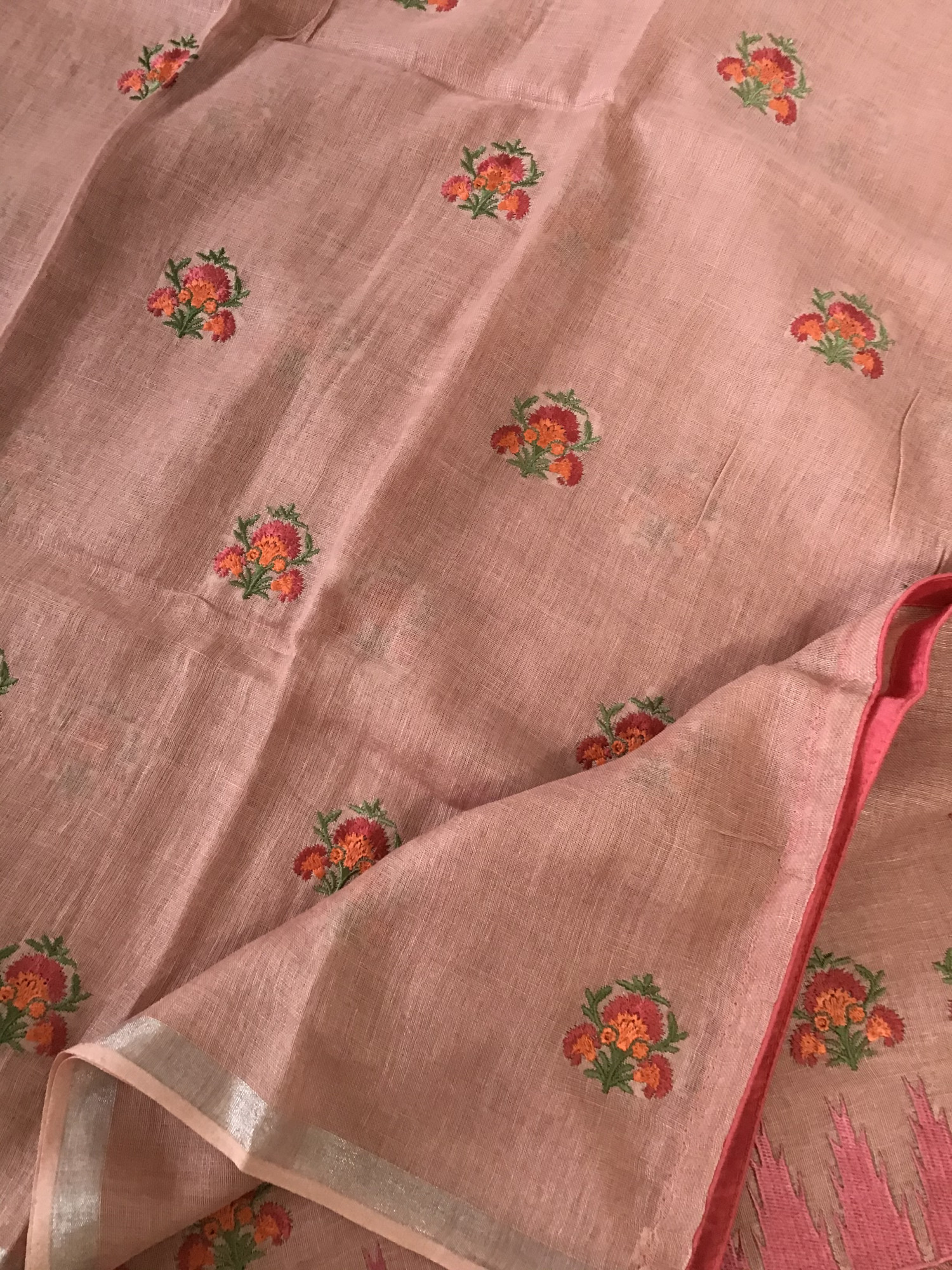 Pure Linen Jute Cotton Embroidered Suit - Pink
