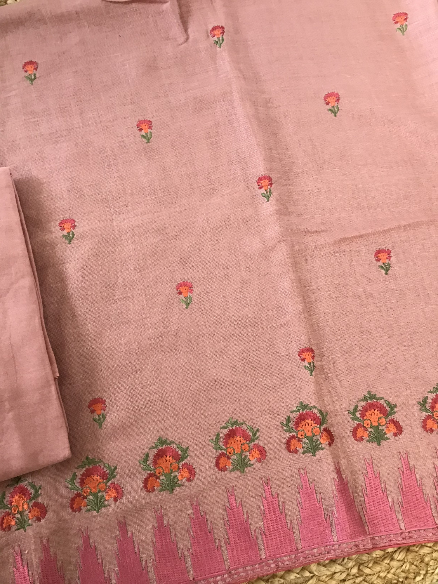Pure Linen Jute Cotton Embroidered Suit - Pink