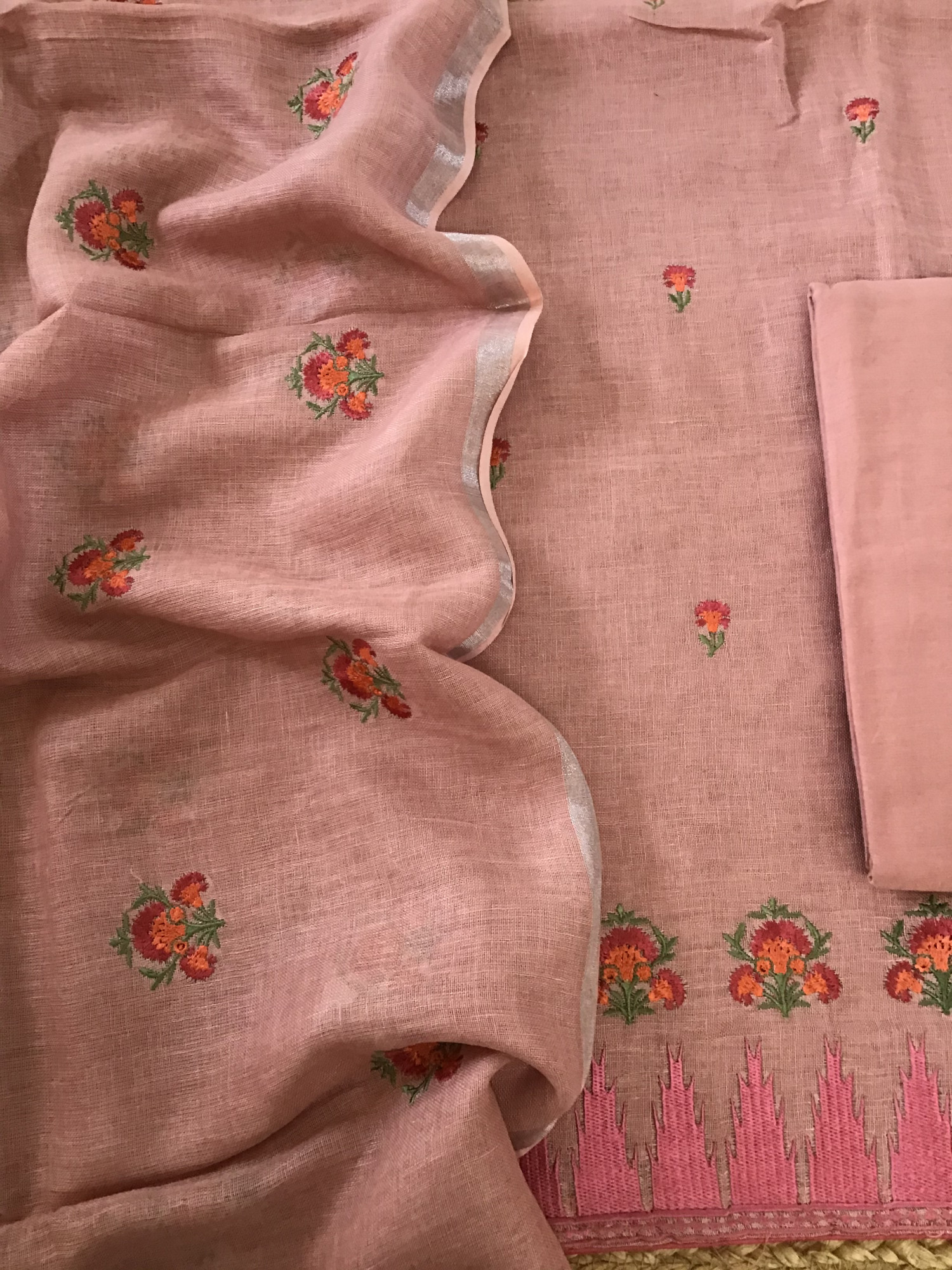 Pure Linen Jute Cotton Embroidered Suit - Pink