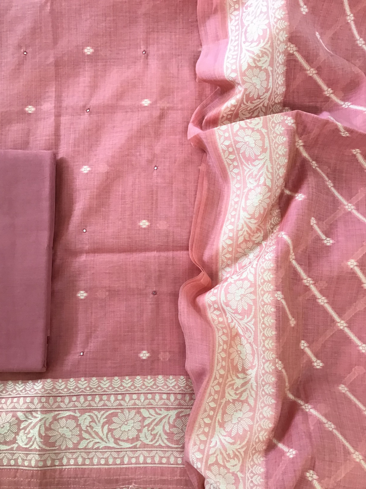 Soft Slub Chanderi Jamdani Weaved Embroidered Suit - Pink