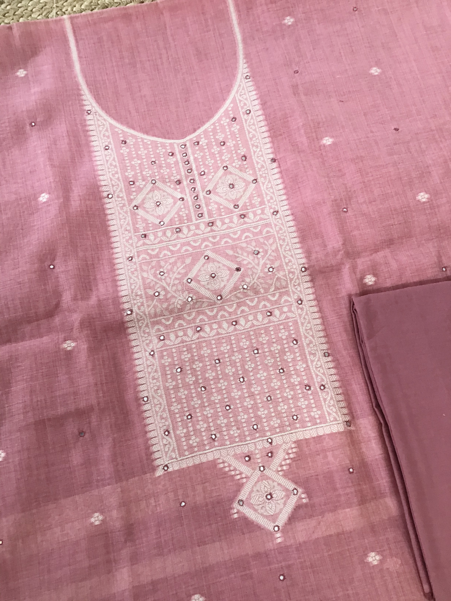 Soft Slub Chanderi Jamdani Weaved Embroidered Suit - Pink