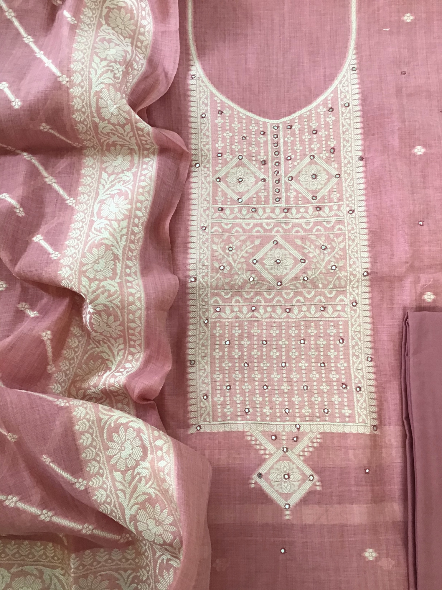 Soft Slub Chanderi Jamdani Weaved Embroidered Suit - Pink