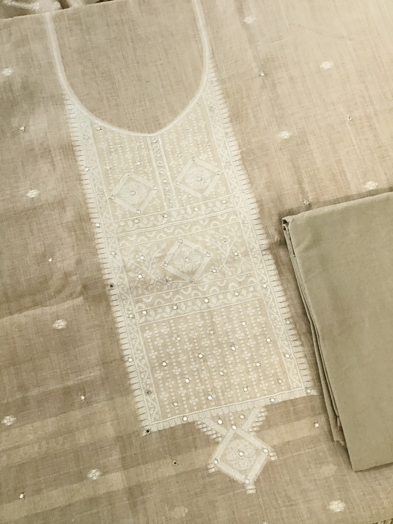 Soft Slub Chanderi Jamdani Weaved Embroidered Suit - Brown