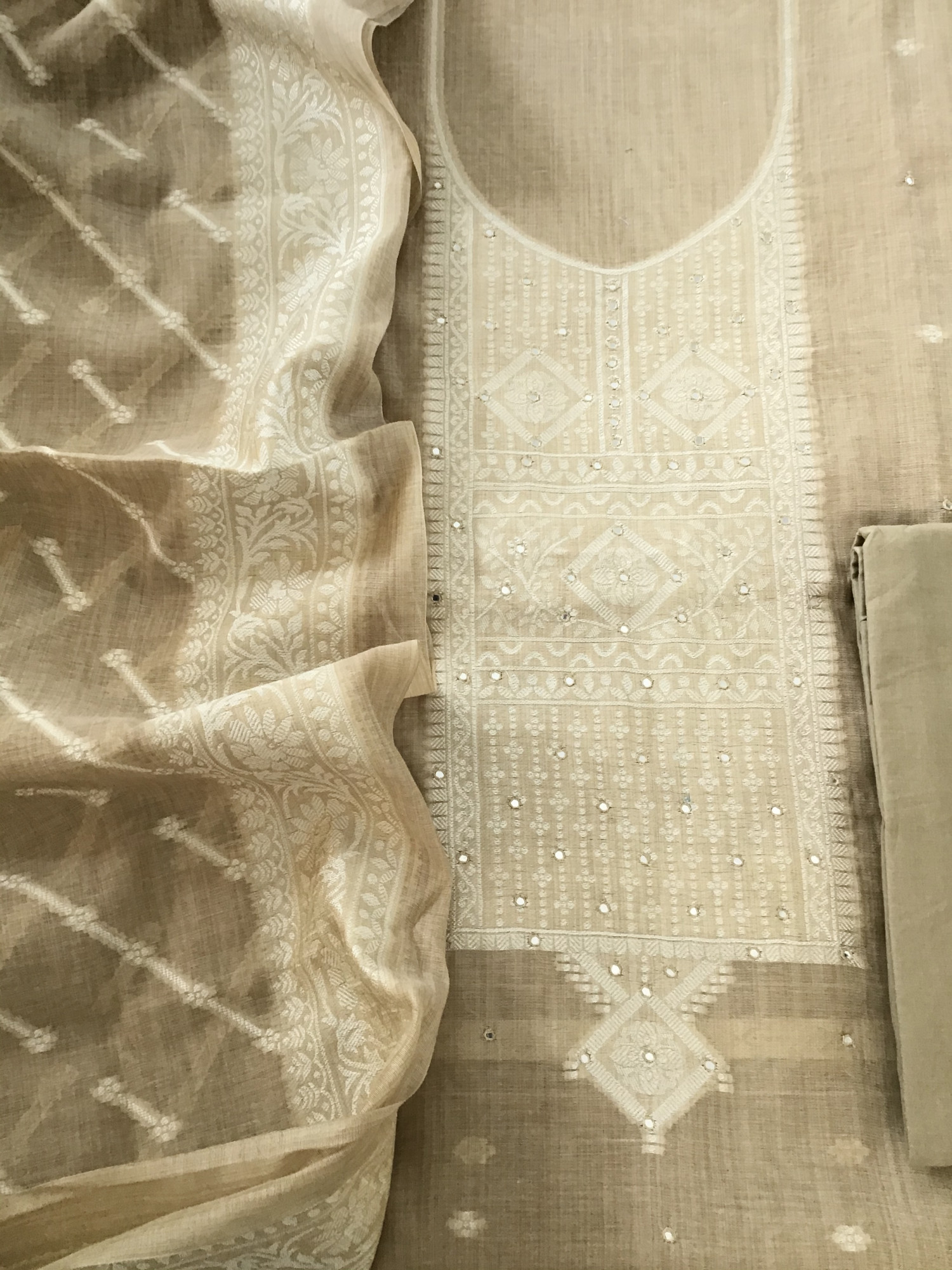 Soft Slub Chanderi Jamdani Weaved Embroidered Suit - Brown